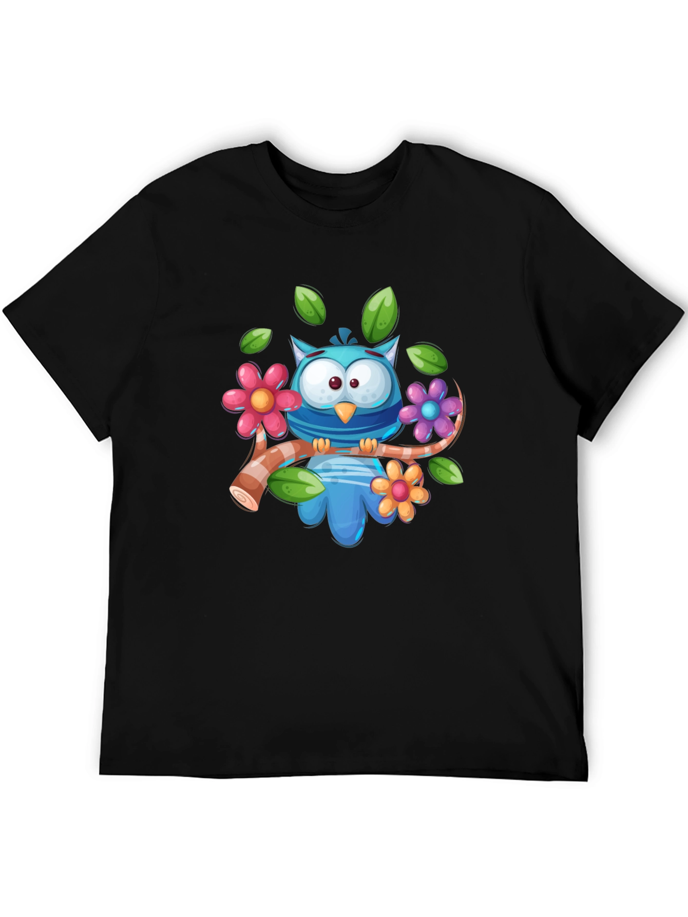Cute Owl on Branch Graphic Tee - Black