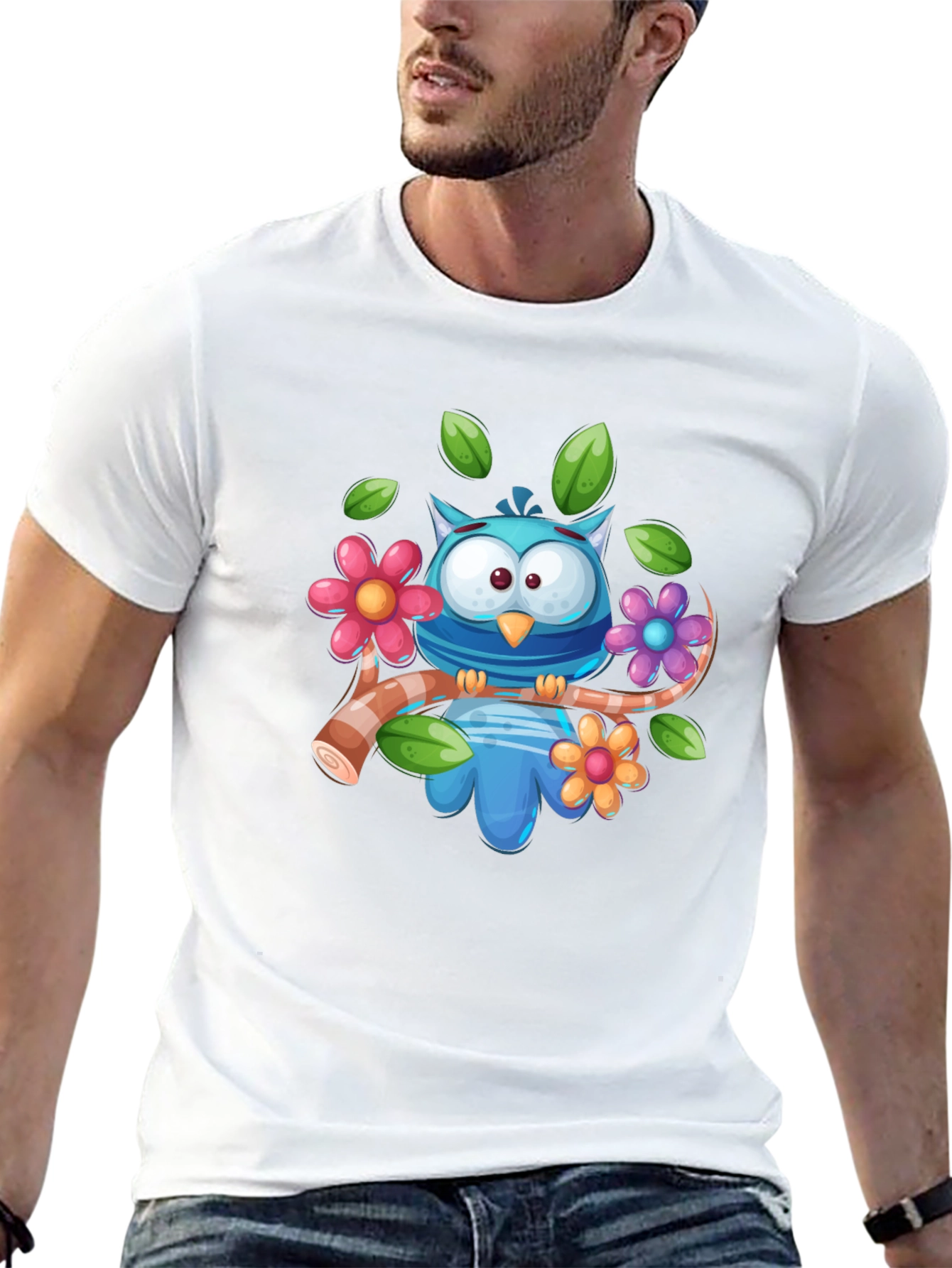 Cute Owl on Branch Graphic Tee - Black