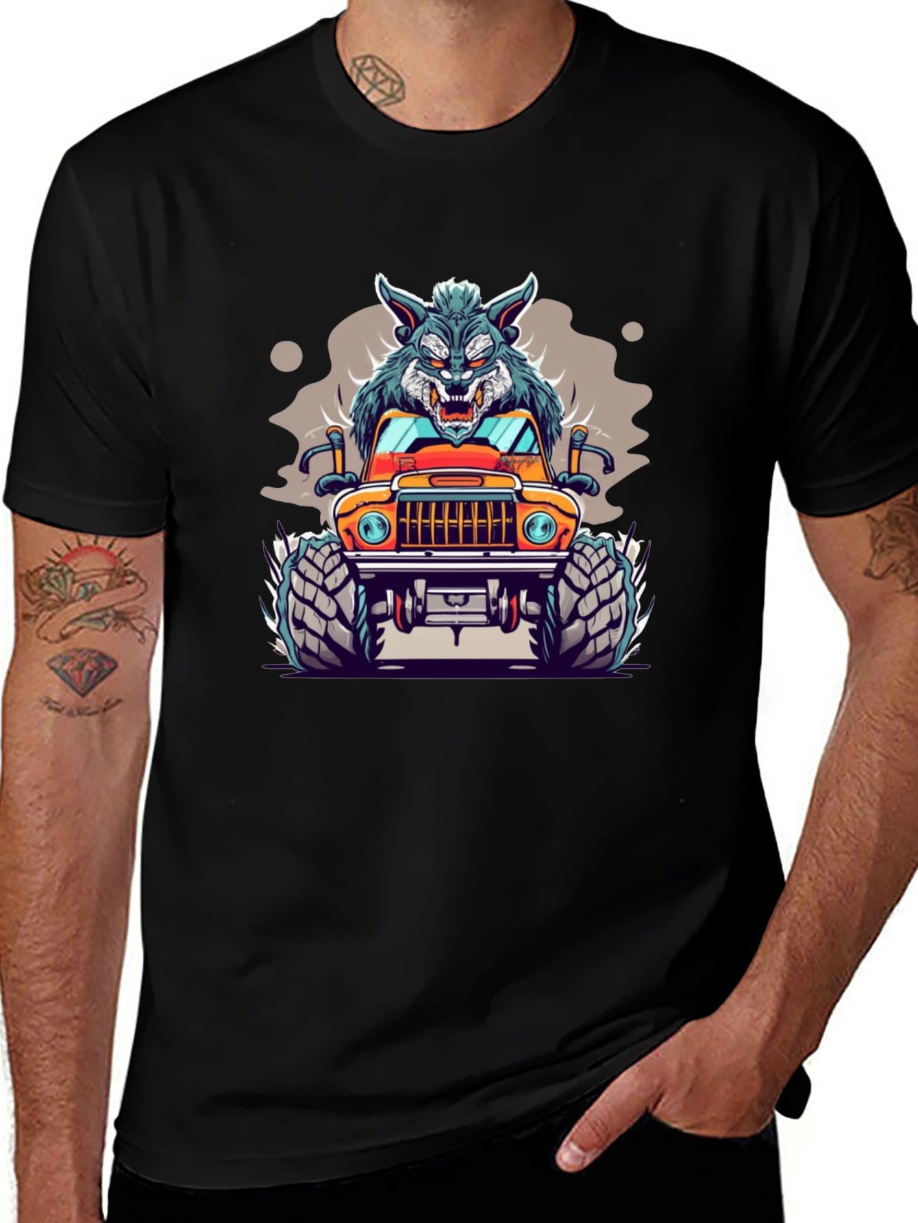 Wolf Monster Truck Black T-Shirt