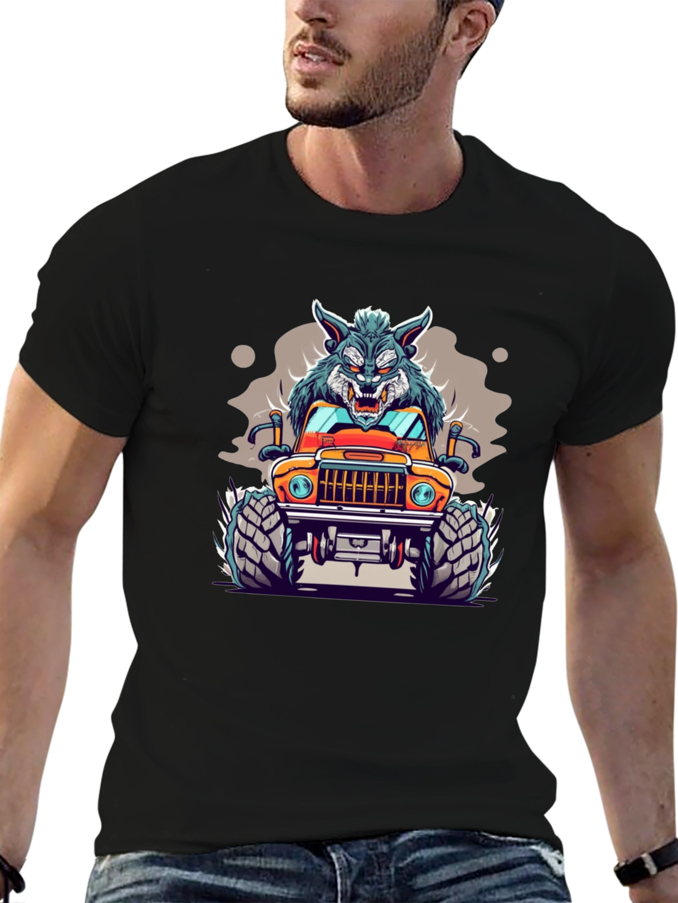 Wolf Monster Truck Black T-Shirt