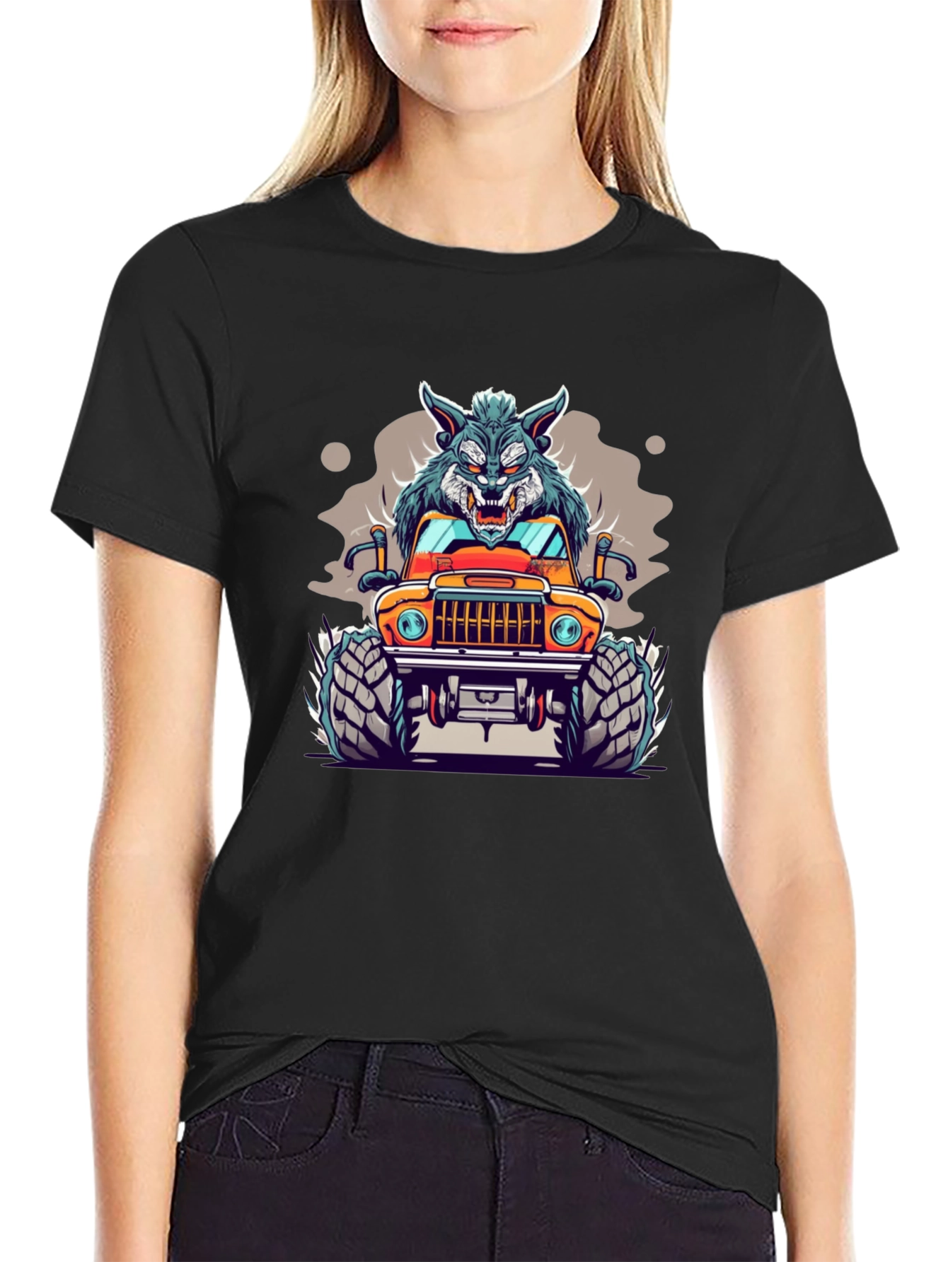 Wolf Monster Truck Black T-Shirt