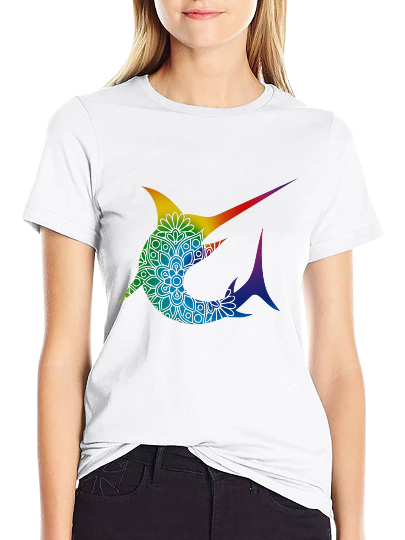 Rainbow Marlin Mandala Graphic Tee - Stylish Black T-Shirt