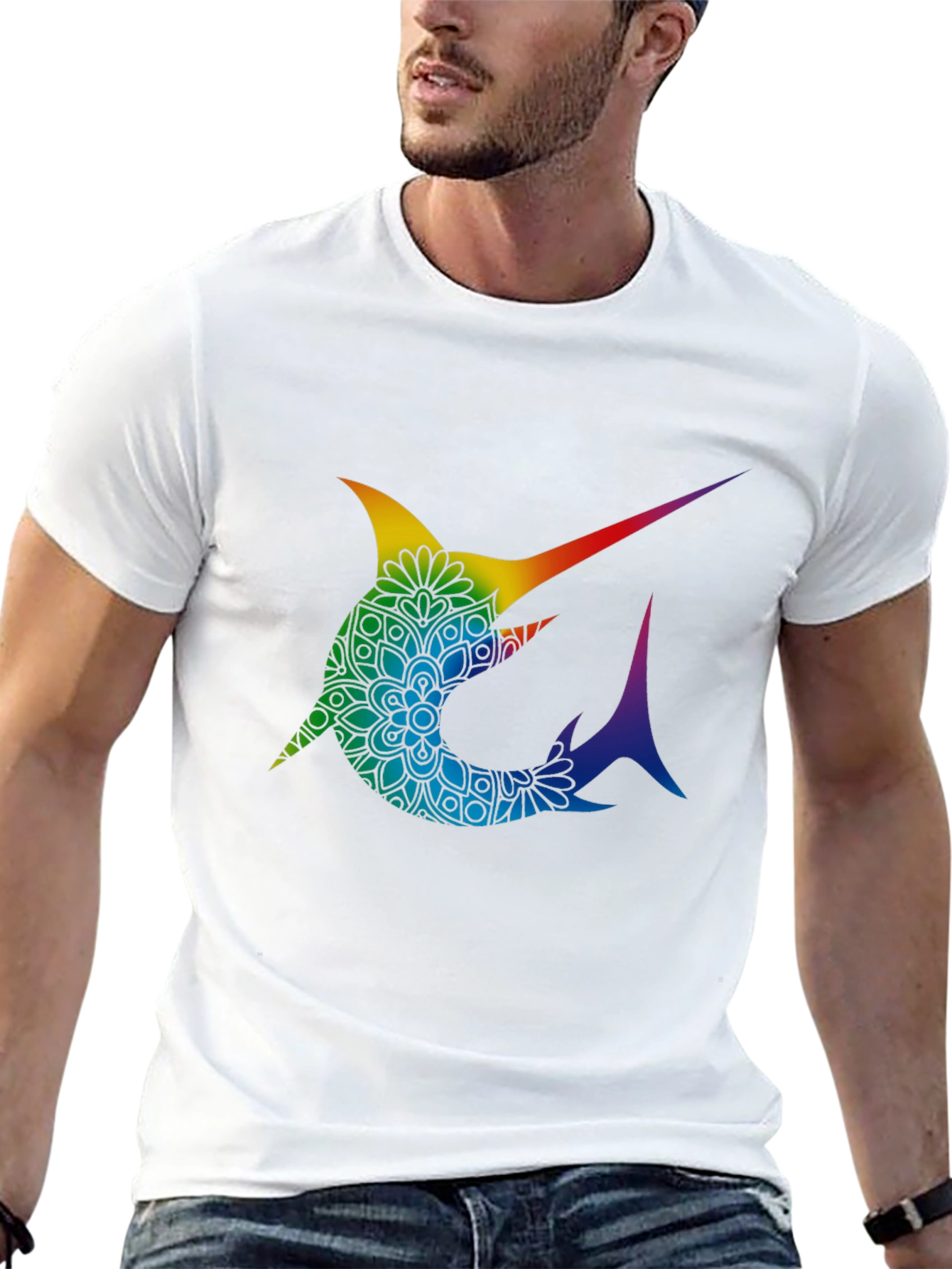 Rainbow Marlin Mandala Graphic Tee - Stylish Black T-Shirt