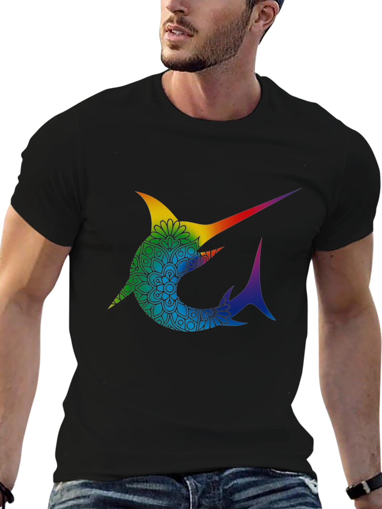 Rainbow Marlin Mandala Graphic Tee - Stylish Black T-Shirt