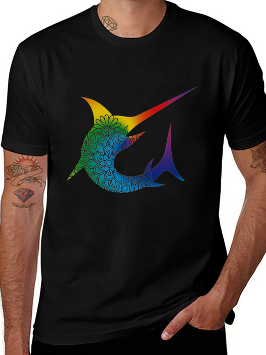 Rainbow Marlin Mandala Graphic Tee - Stylish Black T-Shirt