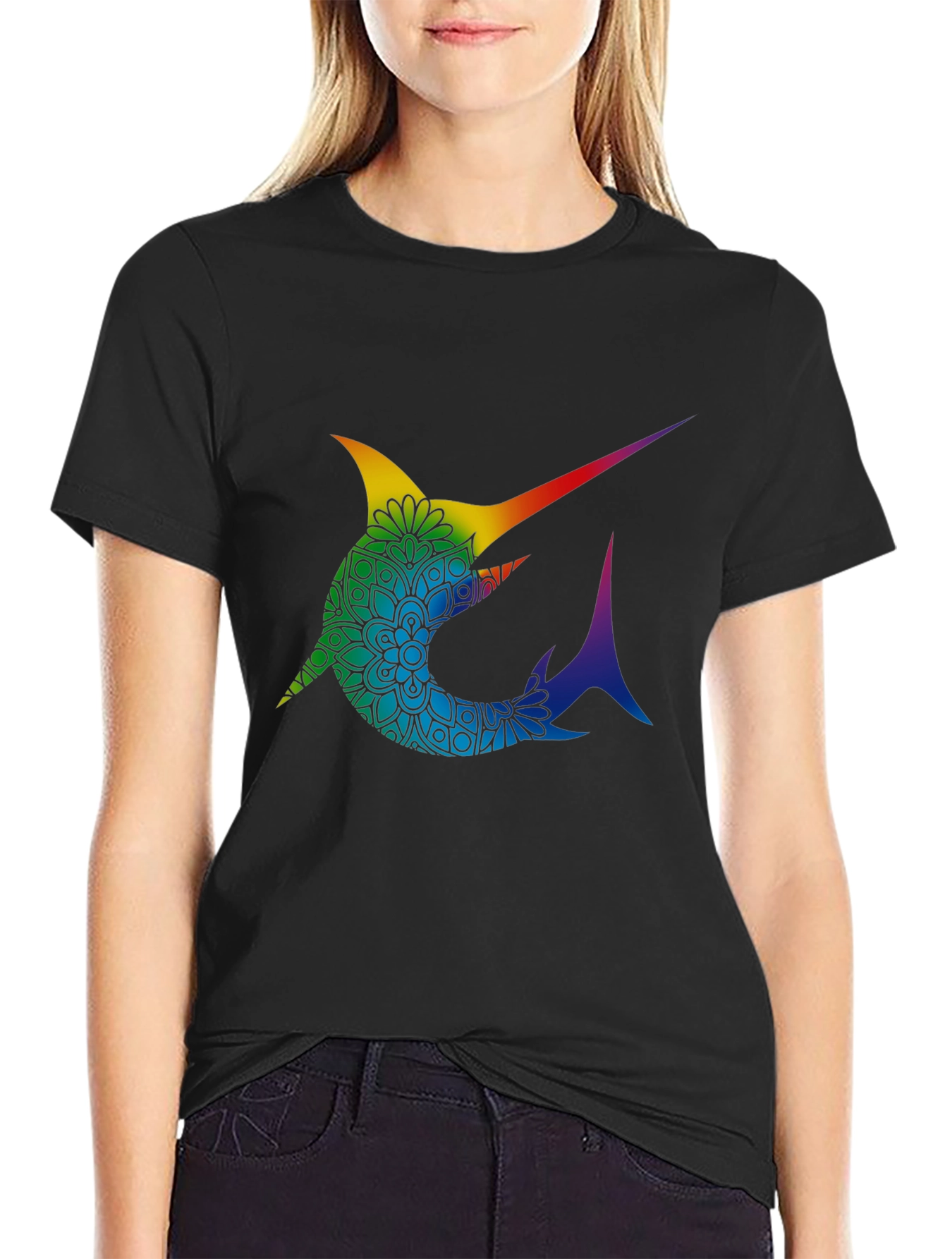 Rainbow Marlin Mandala Graphic Tee - Stylish Black T-Shirt
