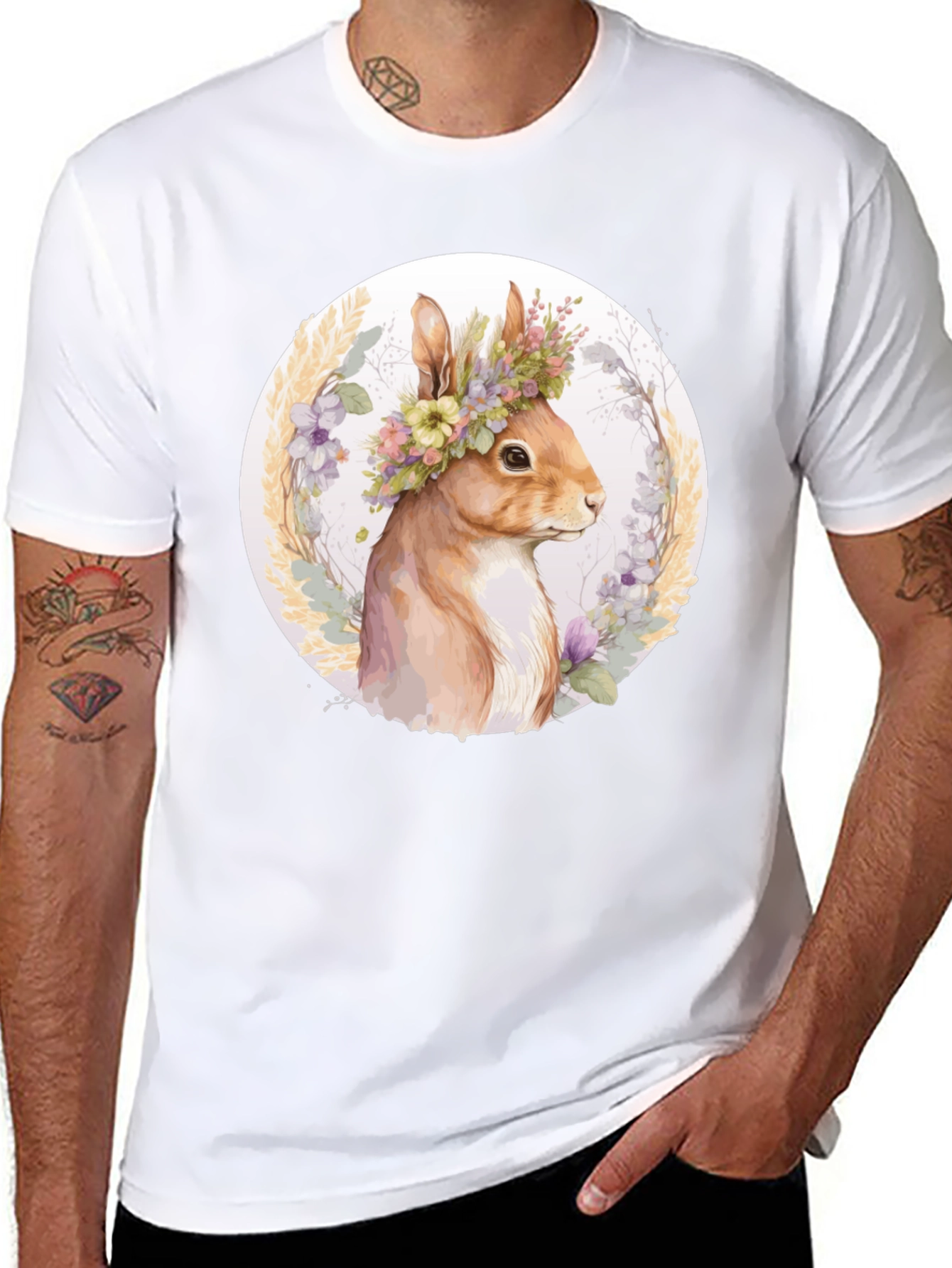 Floral Crown Squirrel Tee - Whimsical Nature Shirt