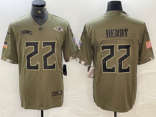 Men's Baltimore Ravens Derrick Henry #22 Olive 2022 Salute To Service Limited Jerseys