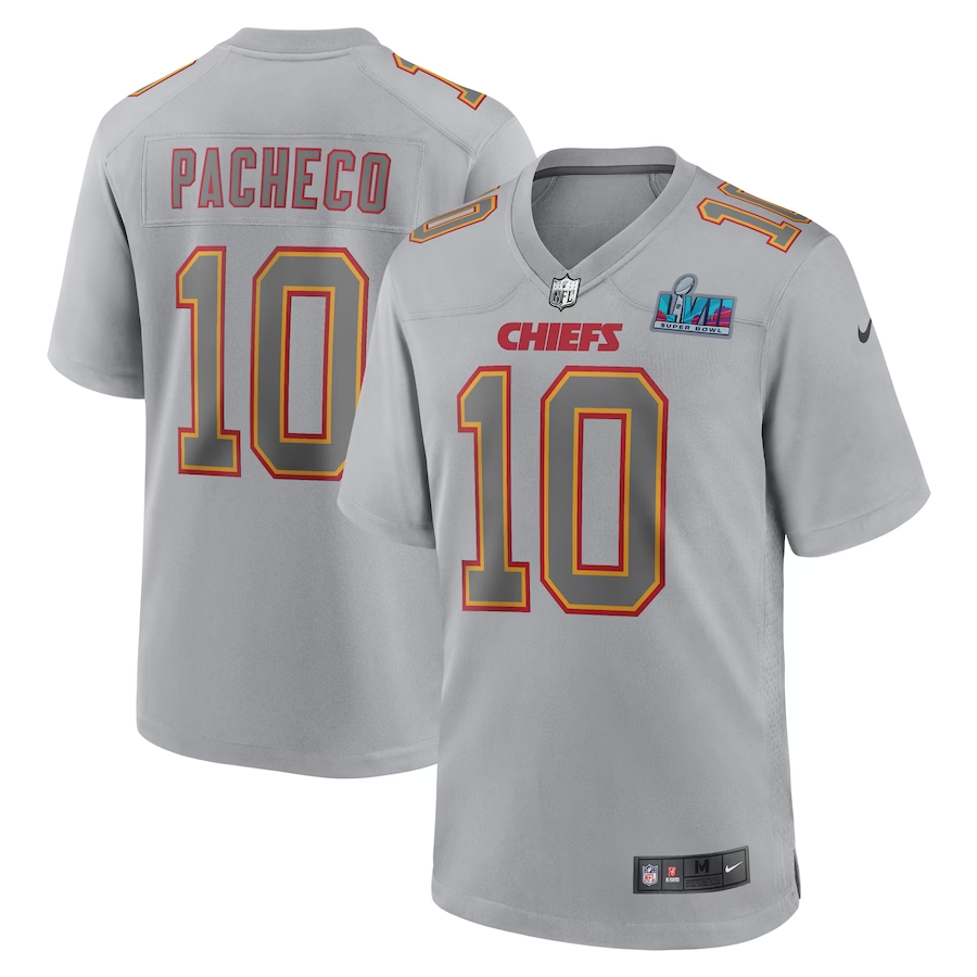Men's Kansas City Chiefs Isiah Pacheco #10 Gray Super Bowl LVII Patch Atmosphere Fashion Game Jerseys