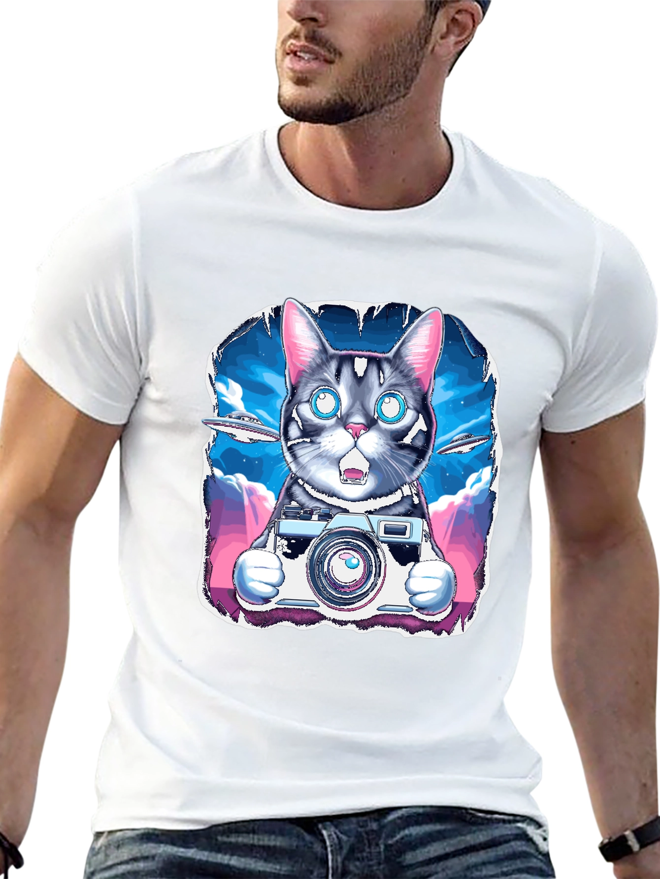 Cat Photographer T-Shirt - UFO Sky Funny Graphic Tee