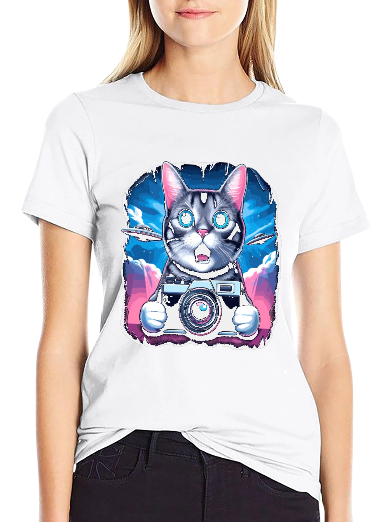 Cat Photographer T-Shirt - UFO Sky Funny Graphic Tee