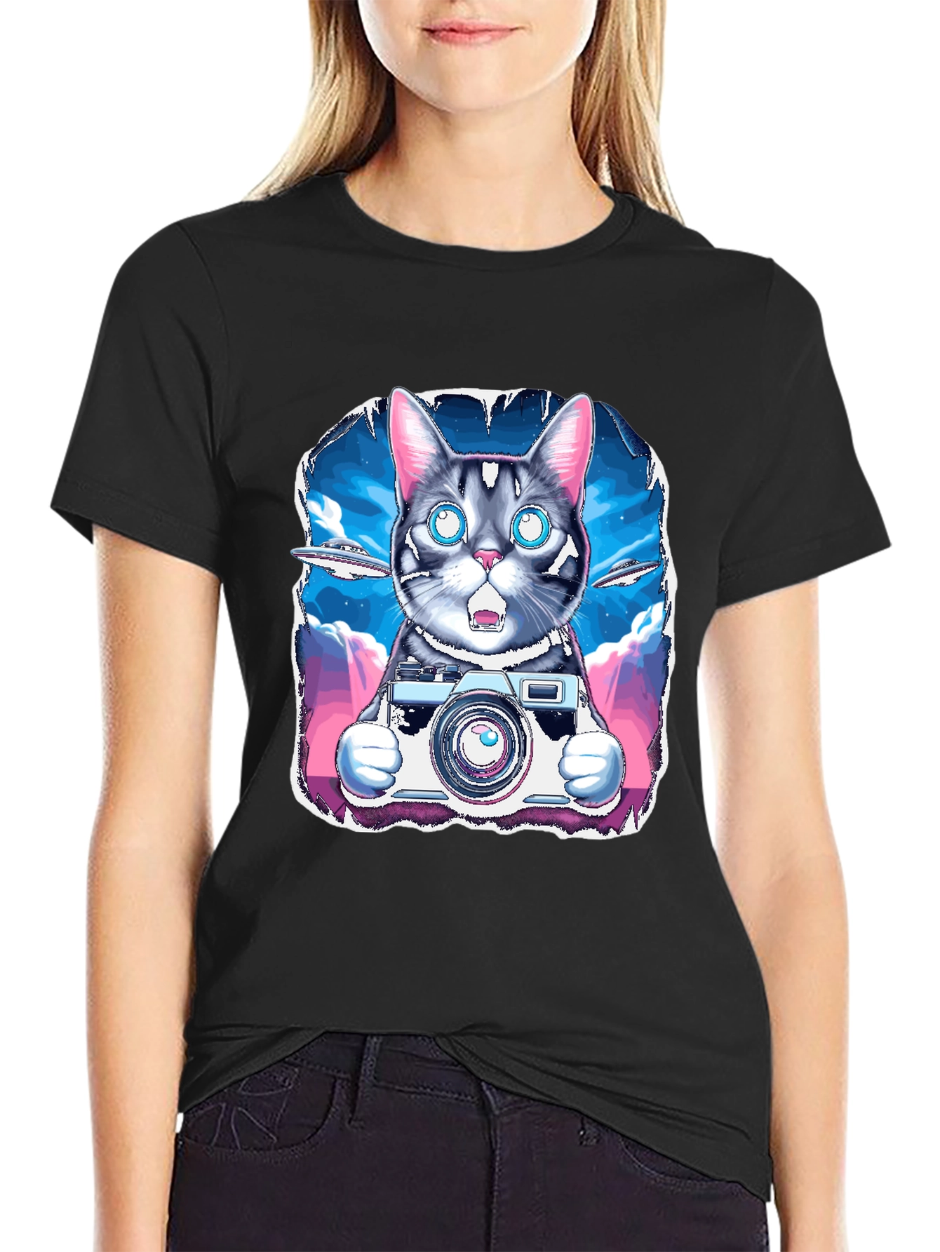 Cat Photographer T-Shirt - UFO Sky Funny Graphic Tee