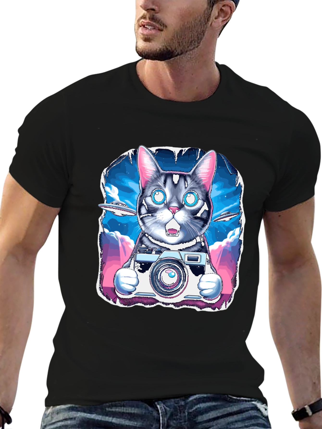 Cat Photographer T-Shirt - UFO Sky Funny Graphic Tee