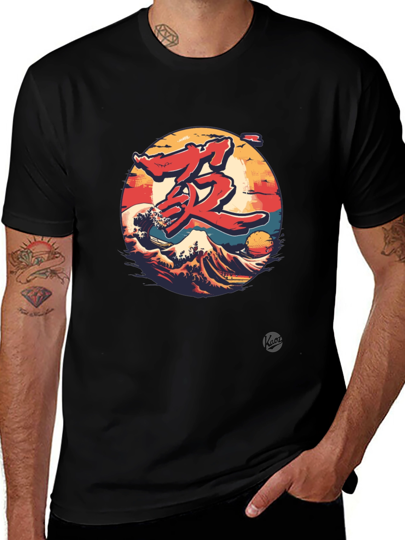 Japanese Wave Graphic Tee - Black Cotton
