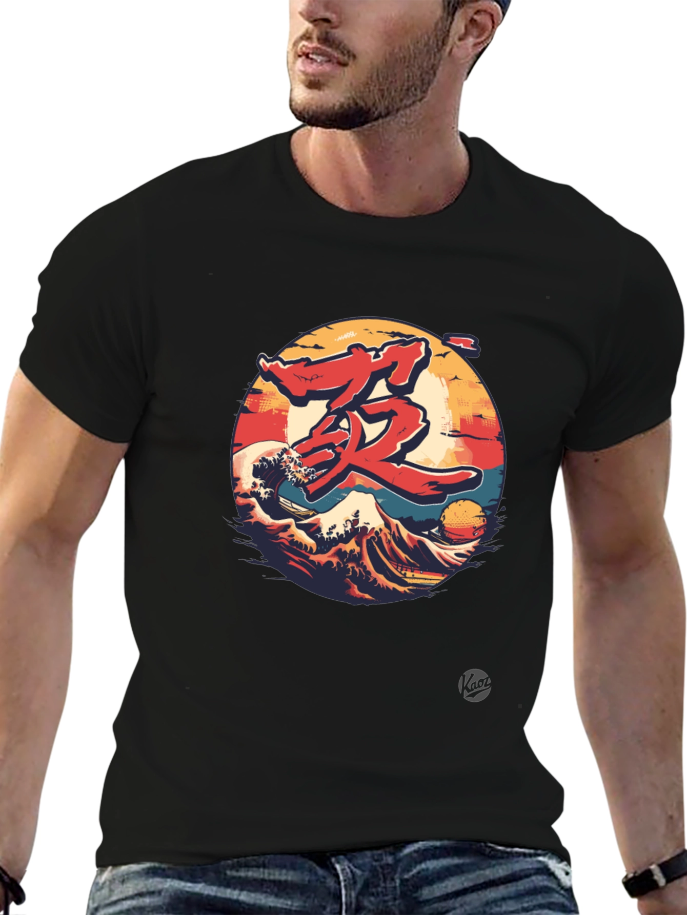 Japanese Wave Graphic Tee - Black Cotton
