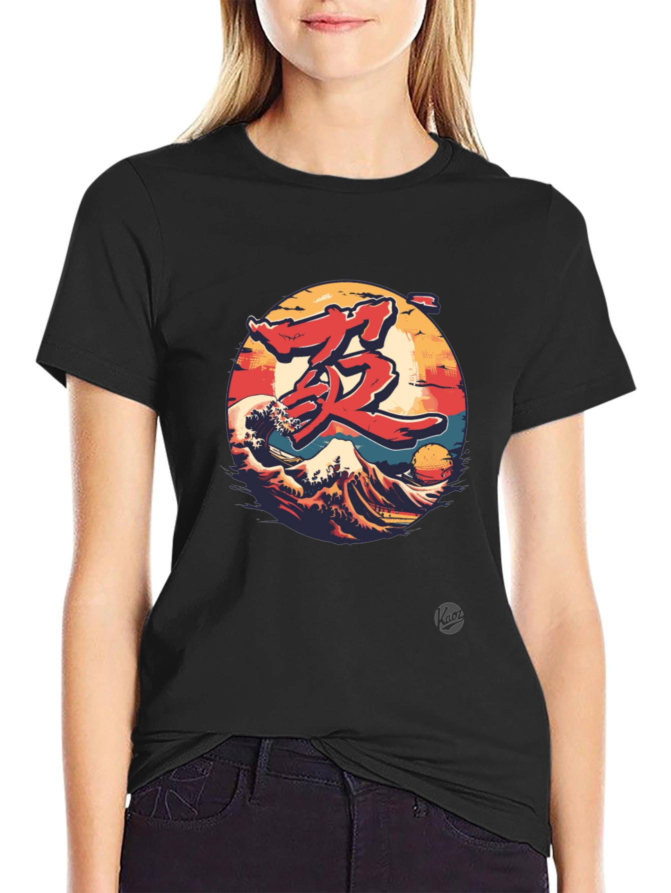 Japanese Wave Graphic Tee - Black Cotton
