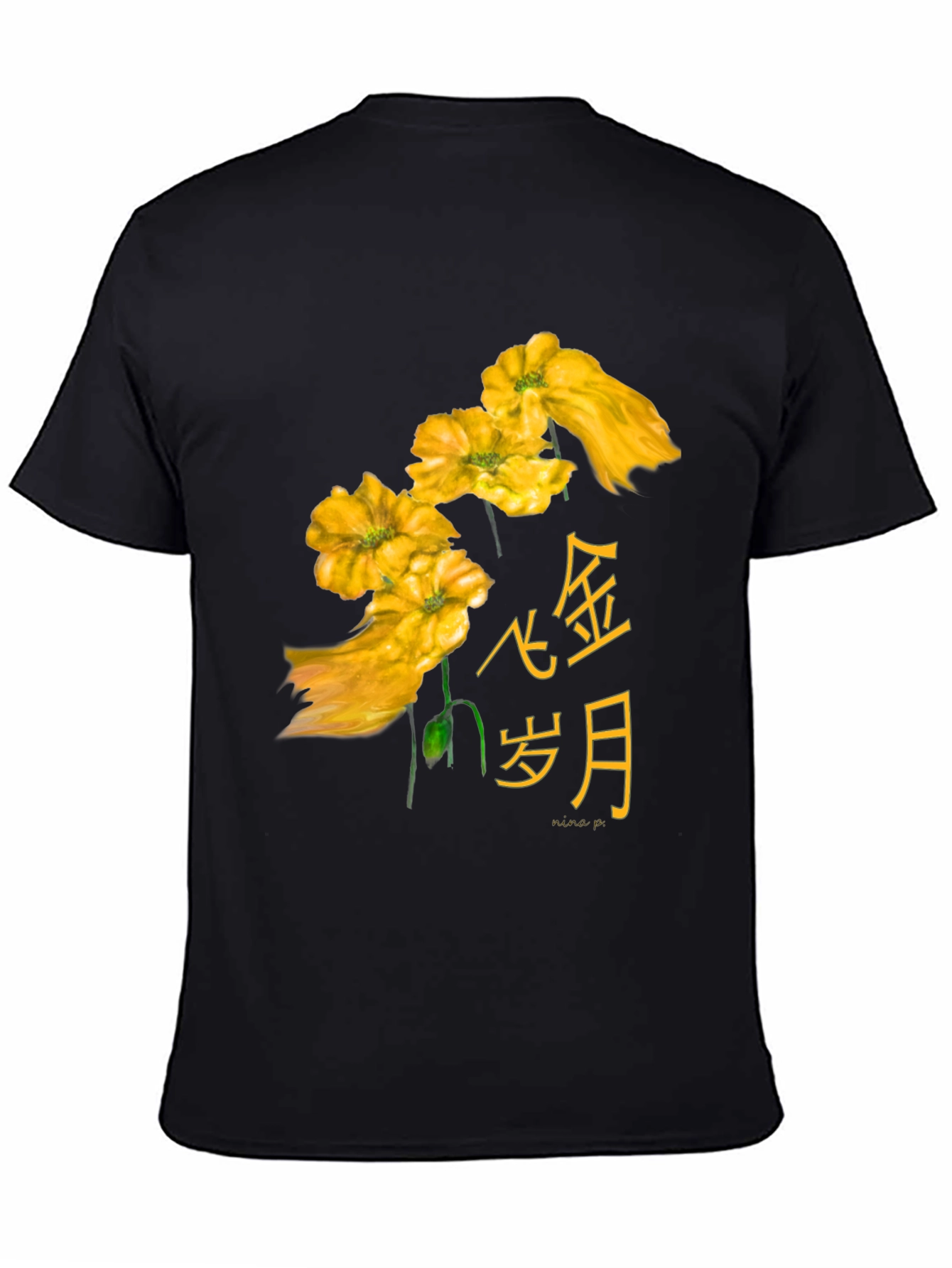 Floral Asian Text Black T-Shirt