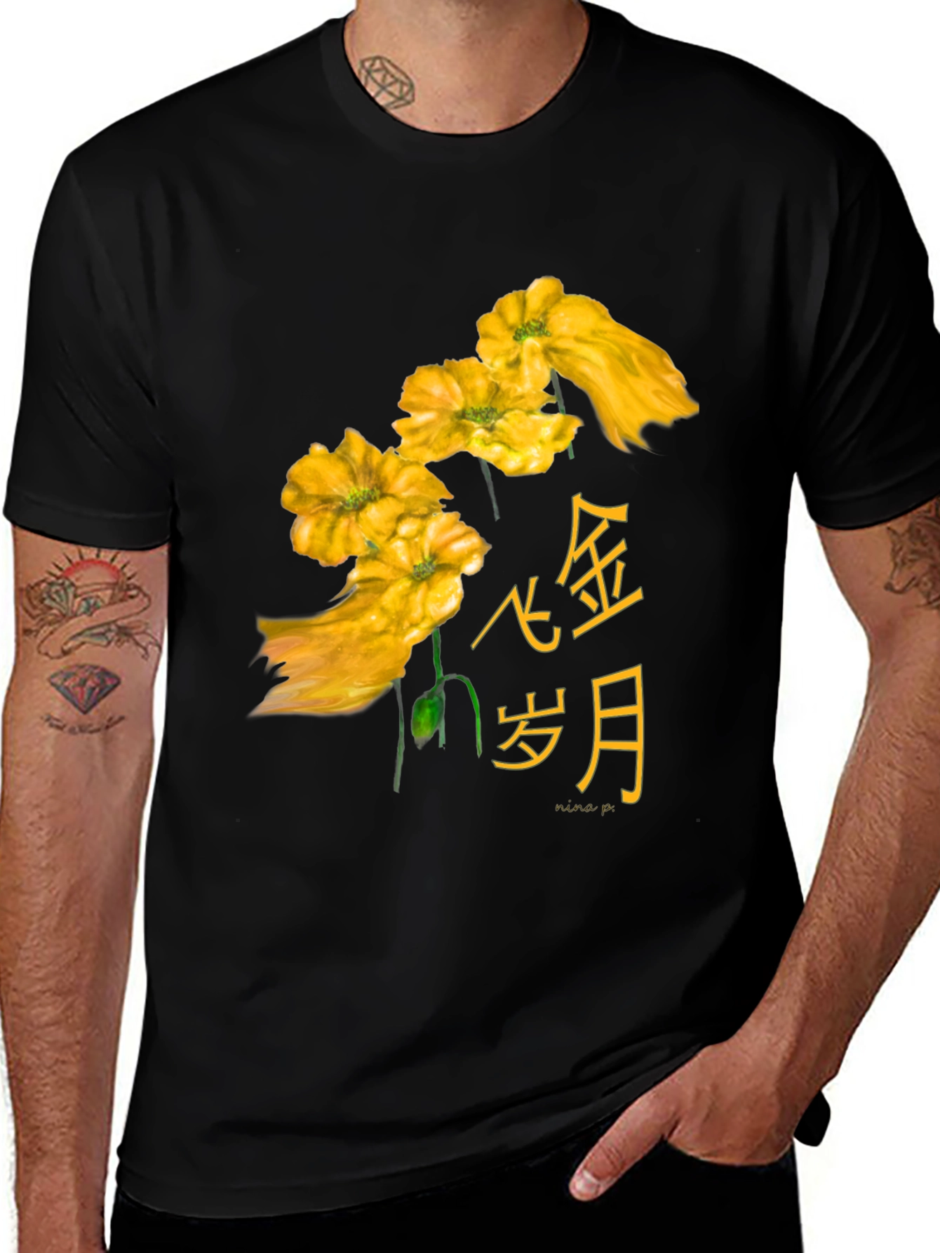Floral Asian Text Black T-Shirt