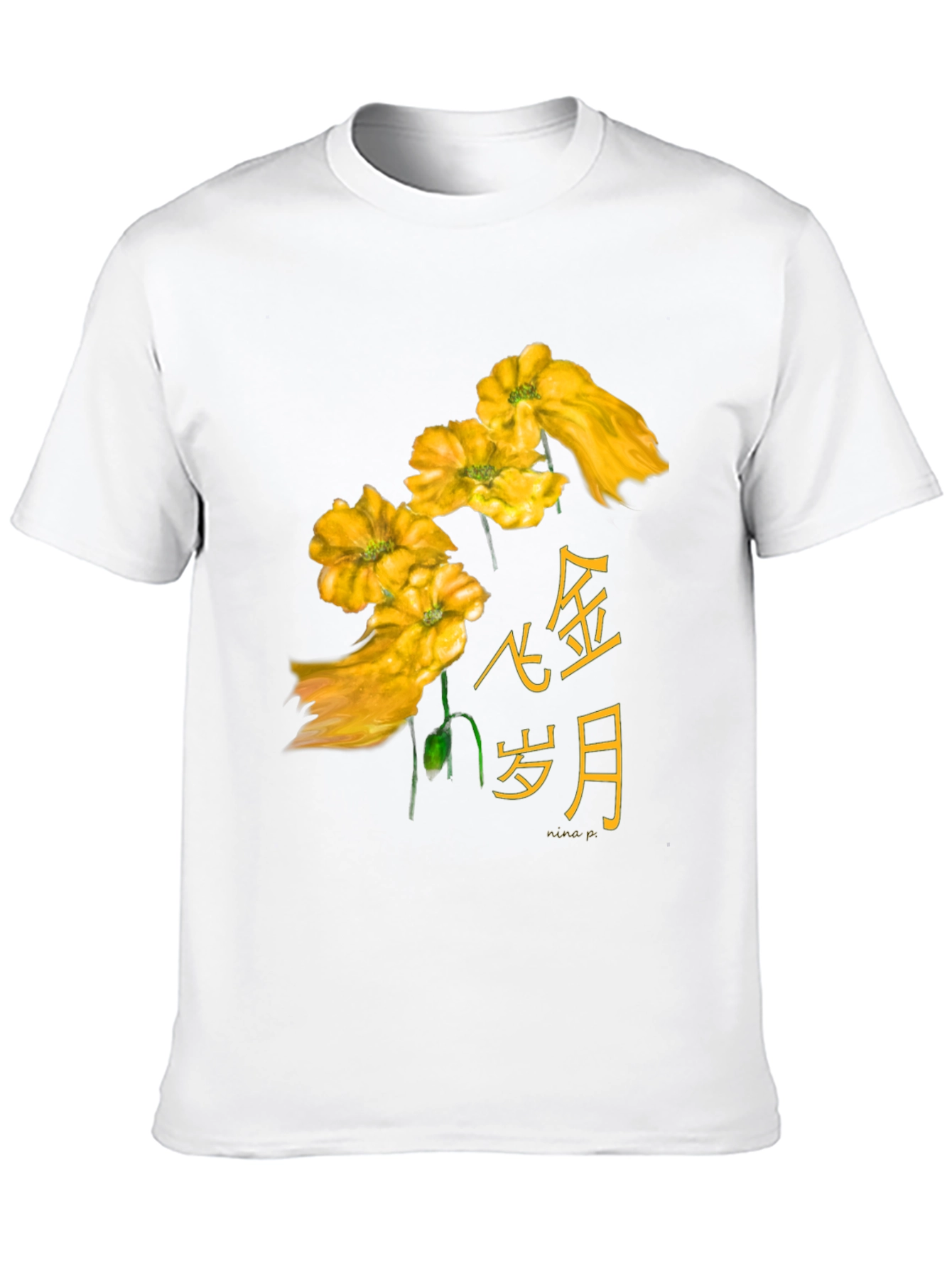 Floral Asian Text Black T-Shirt