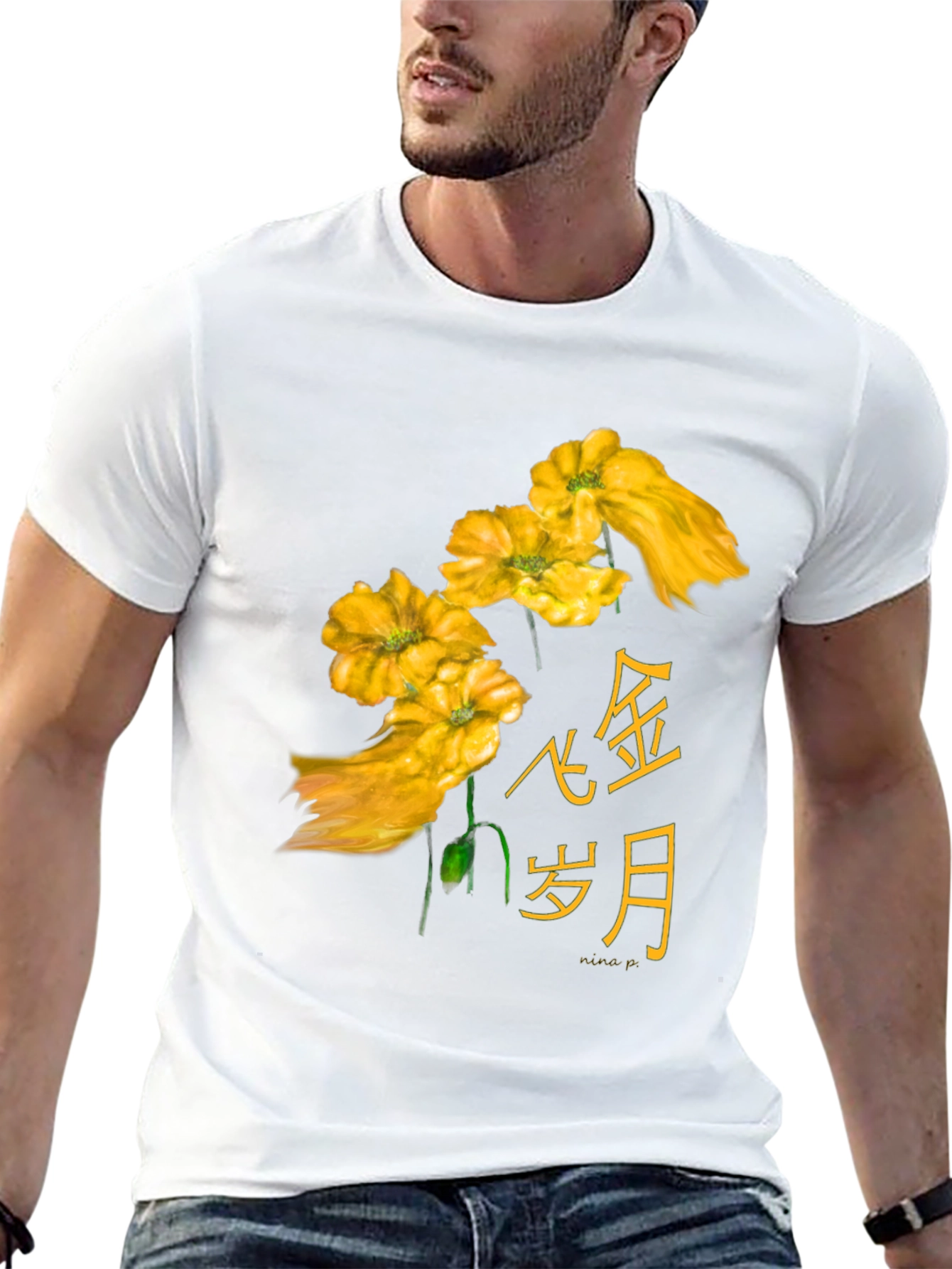 Floral Asian Text Black T-Shirt