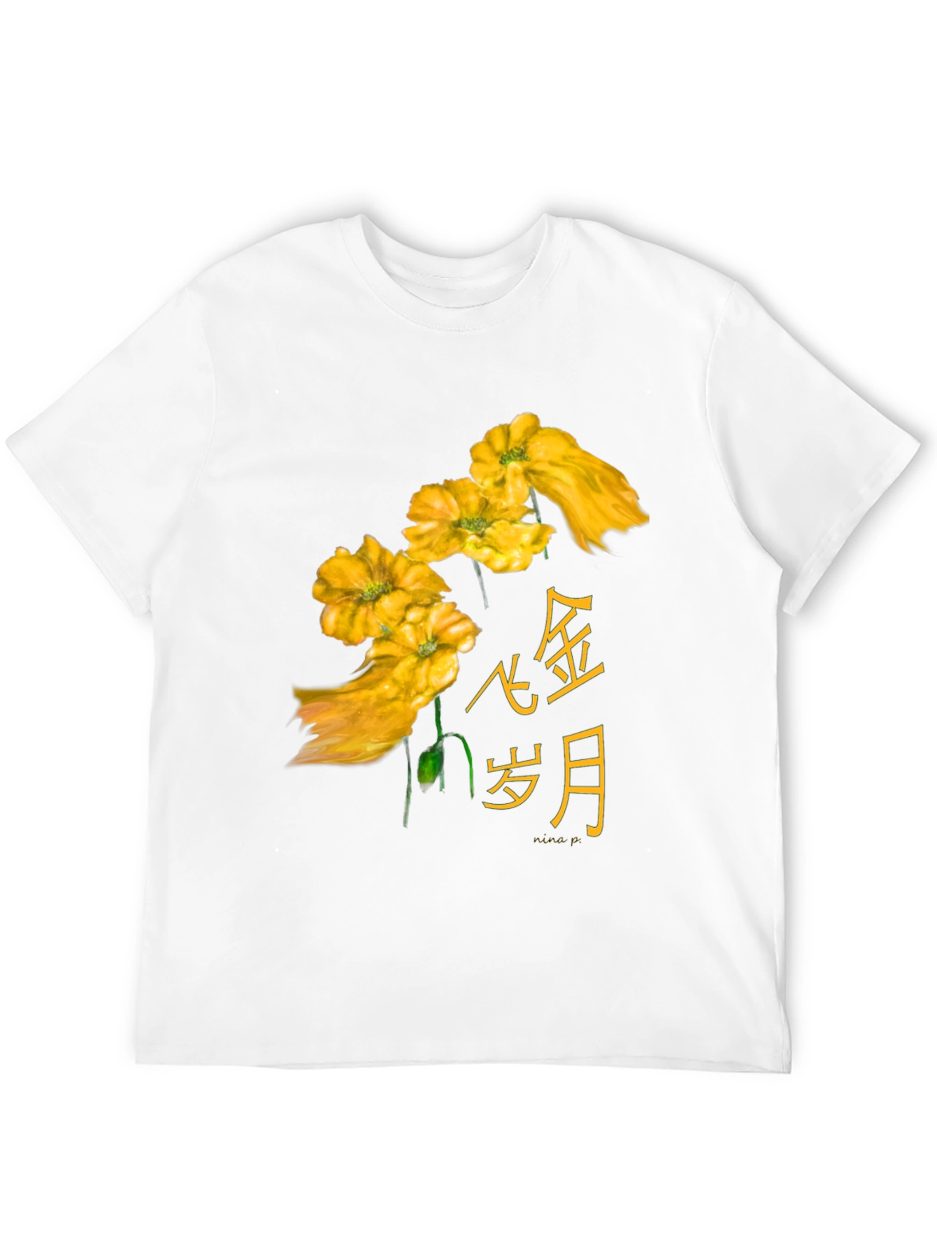 Floral Asian Text Black T-Shirt