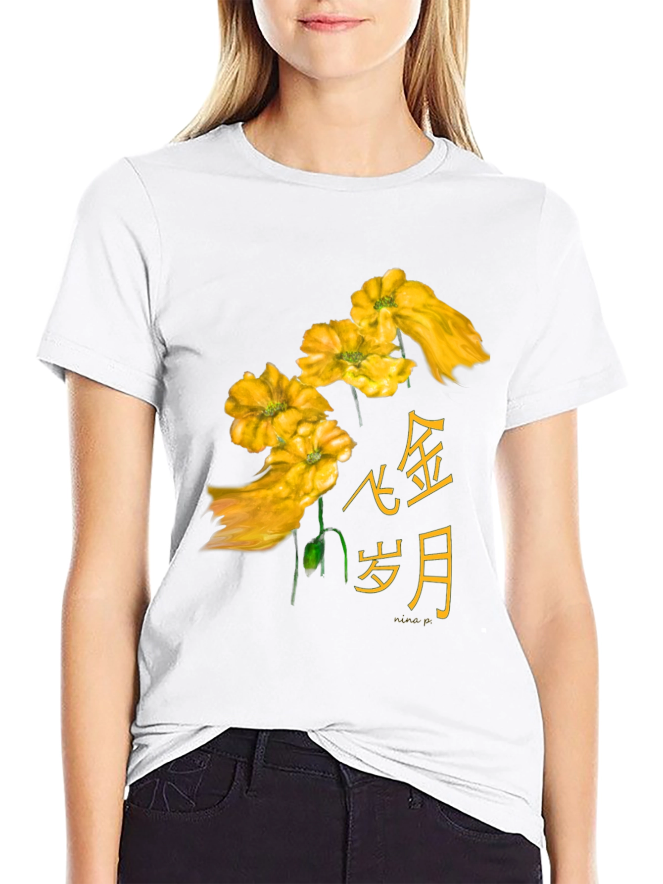Floral Asian Text Black T-Shirt