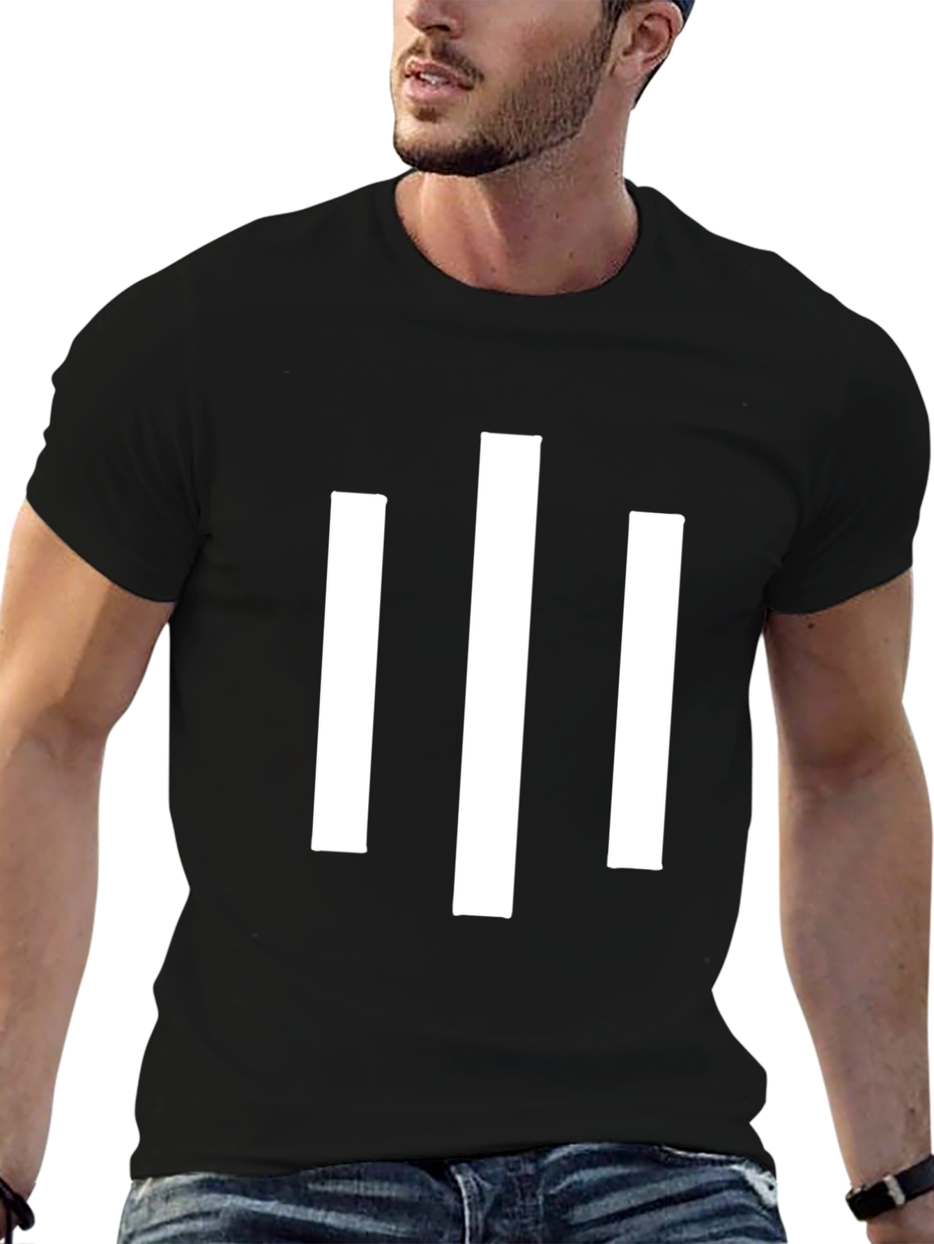 Mens Black T-Shirt with Bold White Stripe Design