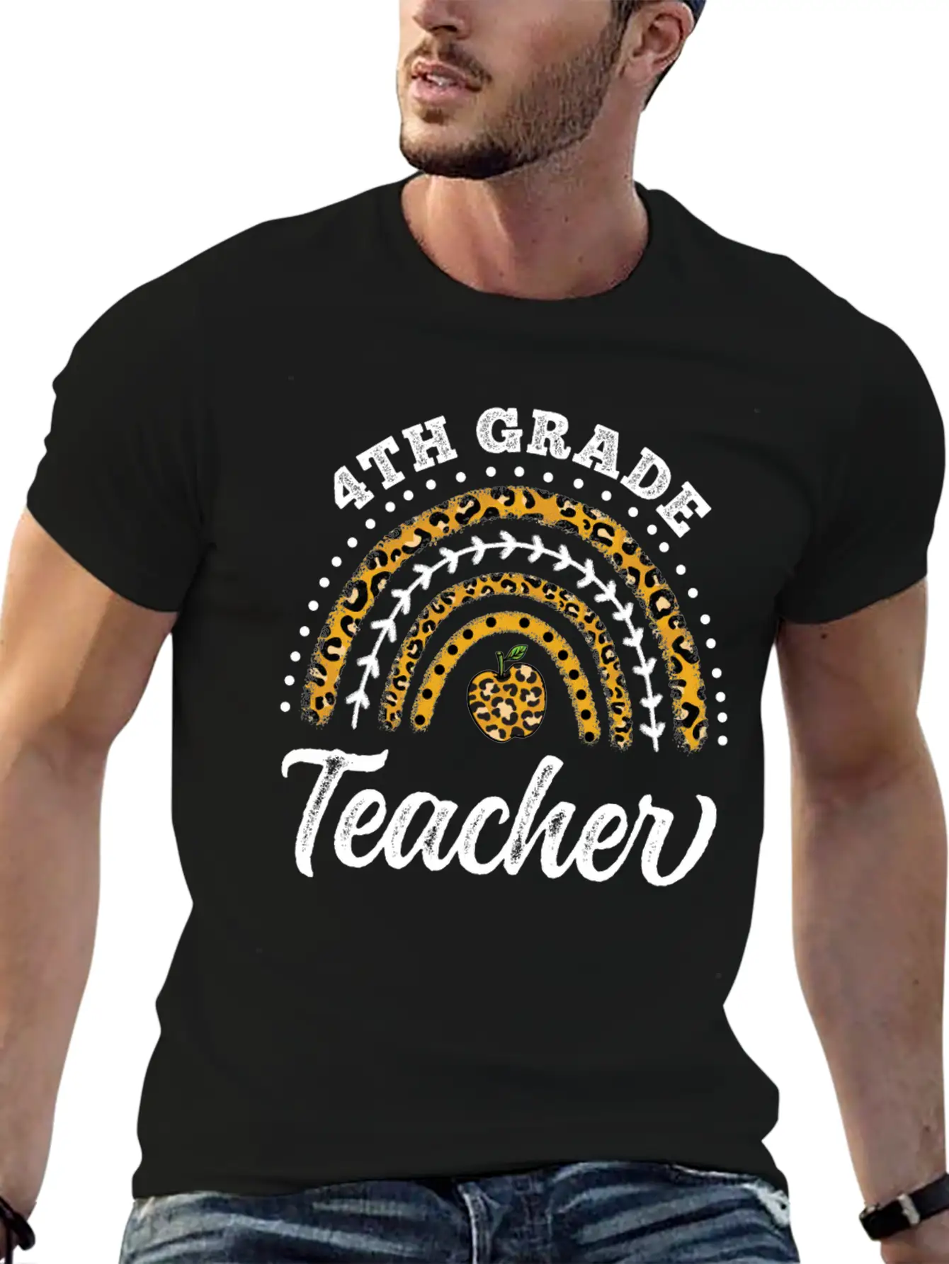 4th Grade Teacher Leopard Rainbow Back To School Stylish Everyday T-Shirt – Unisex Basic Cotton Tee