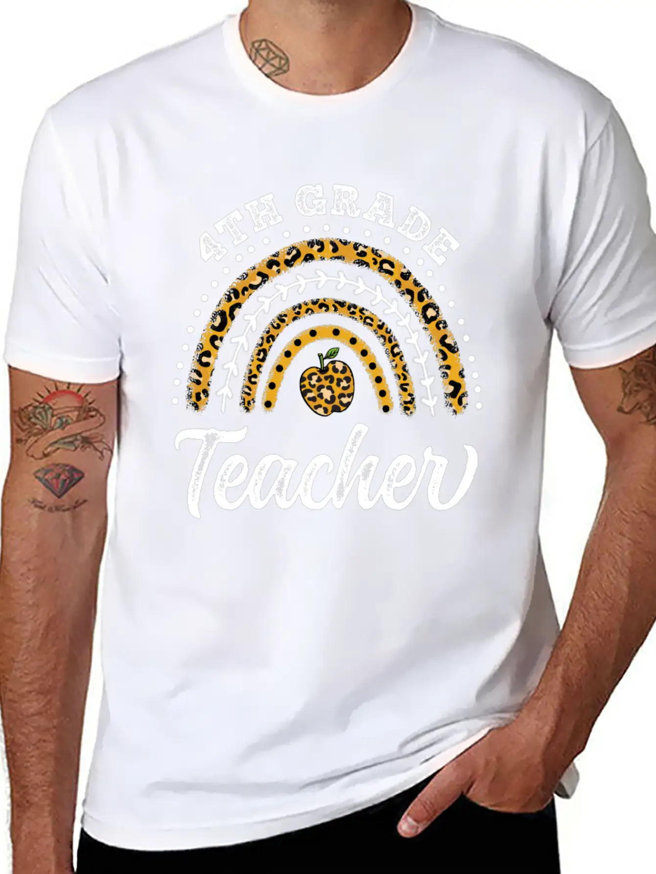 4th Grade Teacher Leopard Rainbow Back To School Stylish Everyday T-Shirt – Unisex Basic Cotton Tee