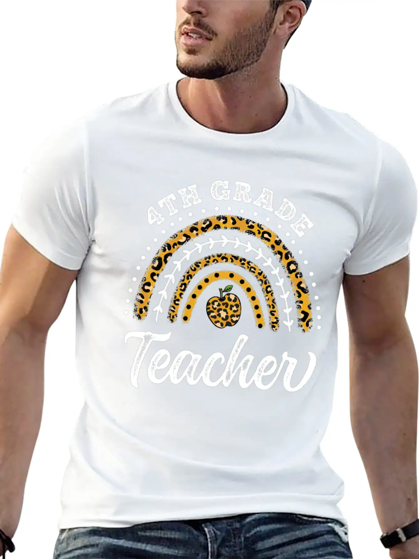 4th Grade Teacher Leopard Rainbow Back To School Stylish Everyday T-Shirt – Unisex Basic Cotton Tee