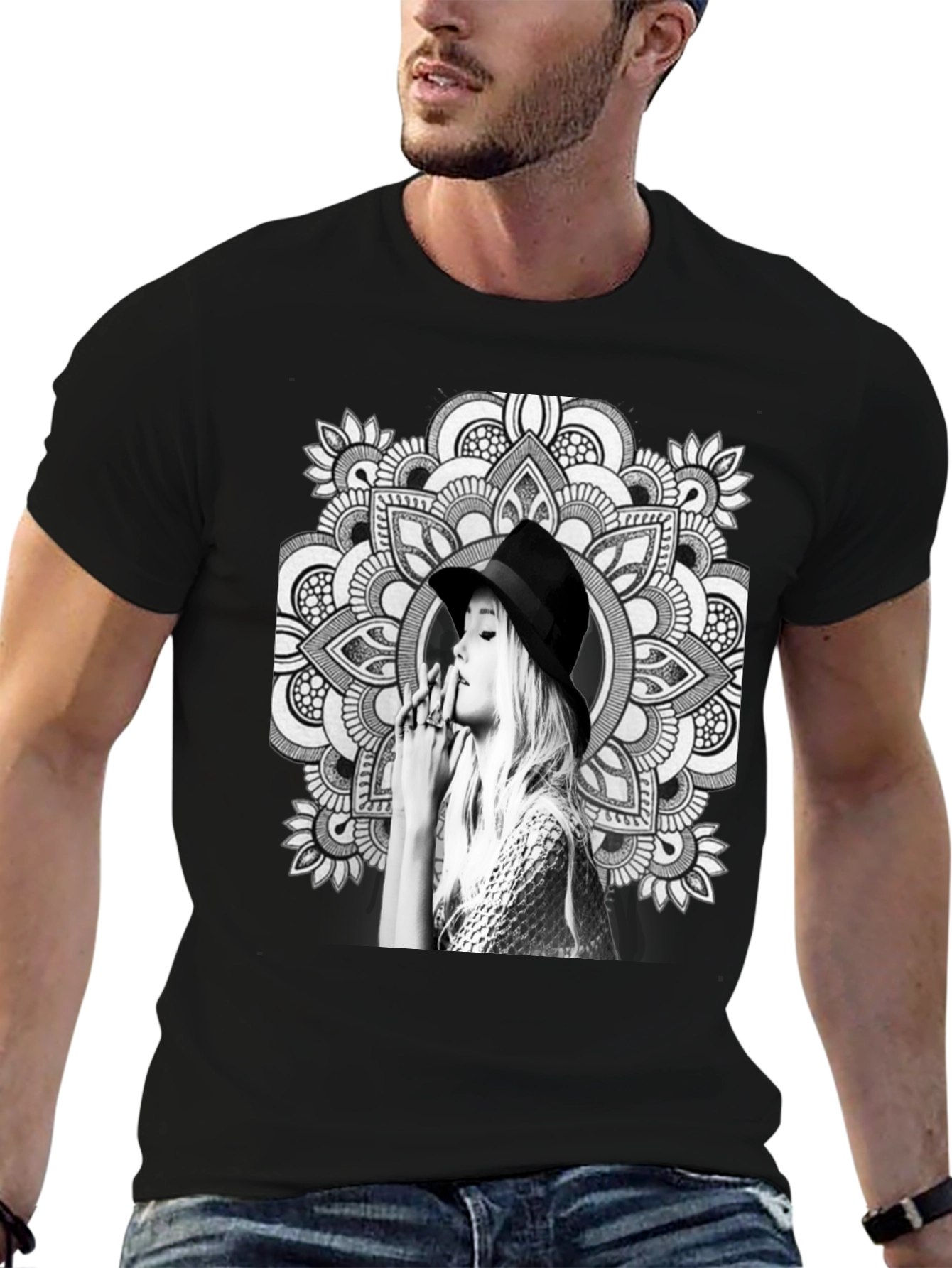 Black T-Shirt with Artistic Mandala Design