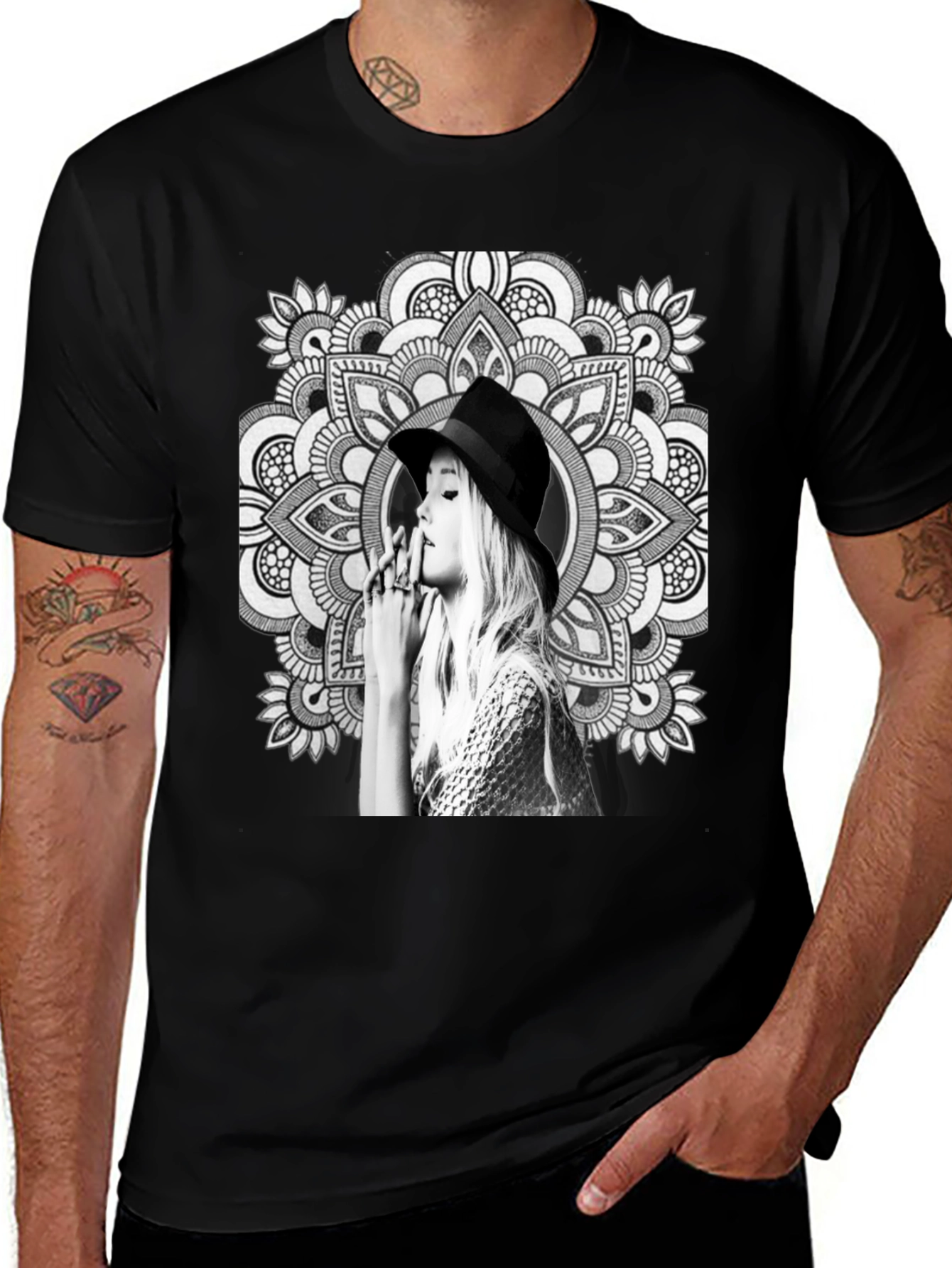 Black T-Shirt with Artistic Mandala Design