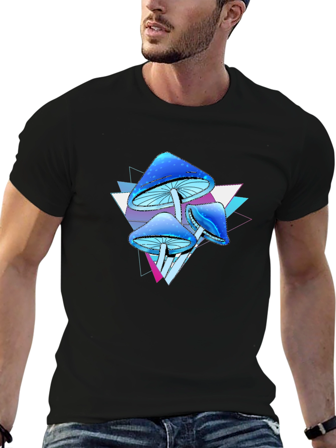 Psychedelic Mushroom Graphic Tee - Black Cotton Blend