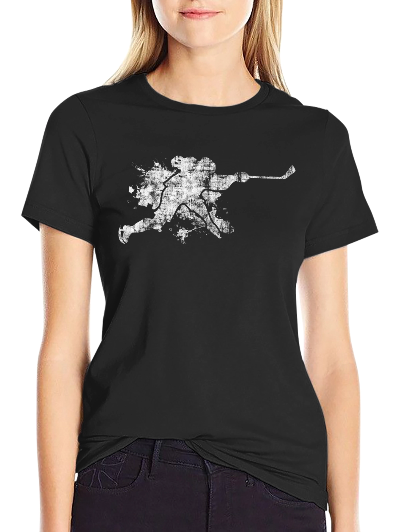 Grunge Hockey Player T-Shirt - Black