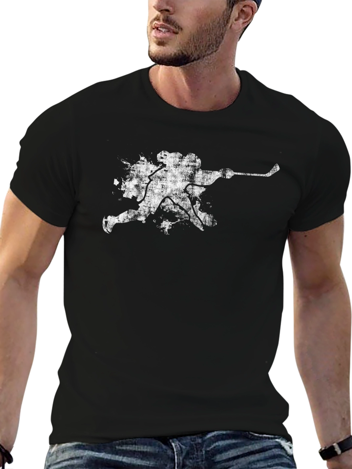 Grunge Hockey Player T-Shirt - Black