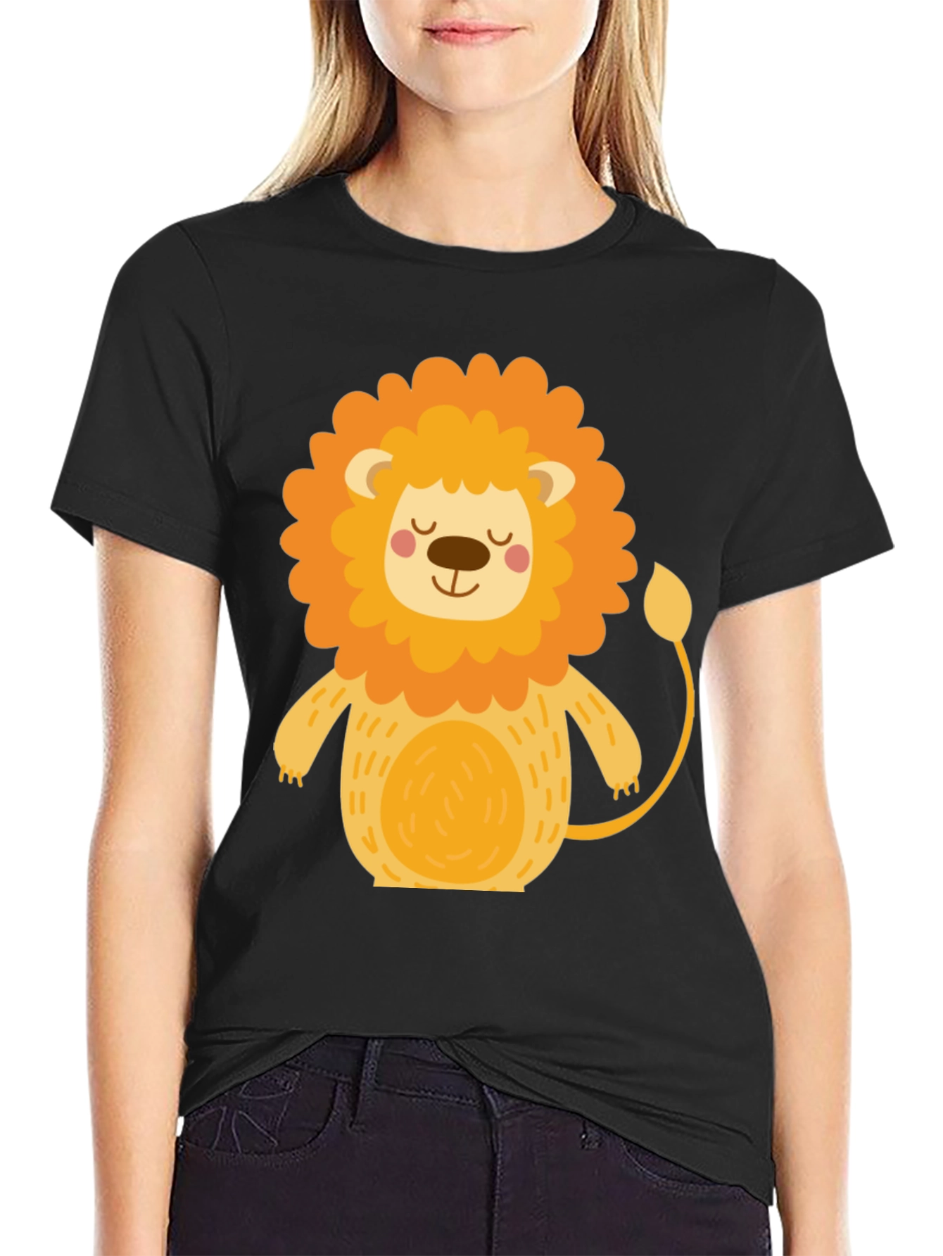 Cute Cartoon Lion Black T-Shirt