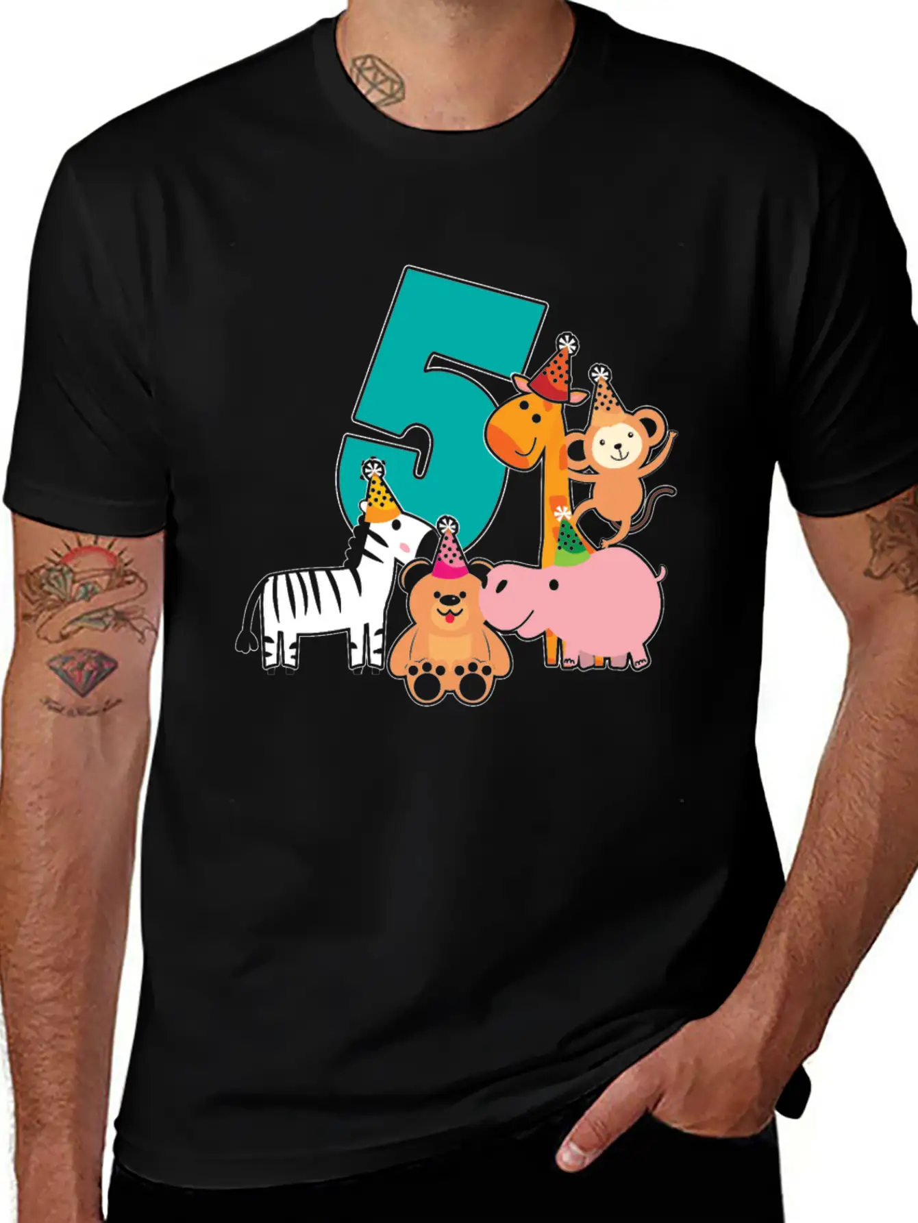 5th Birthday 5 Years Jungle Animals Safari Unisex Short Sleeve Soft Cotton T-Shirt – Casual Everyday Wear