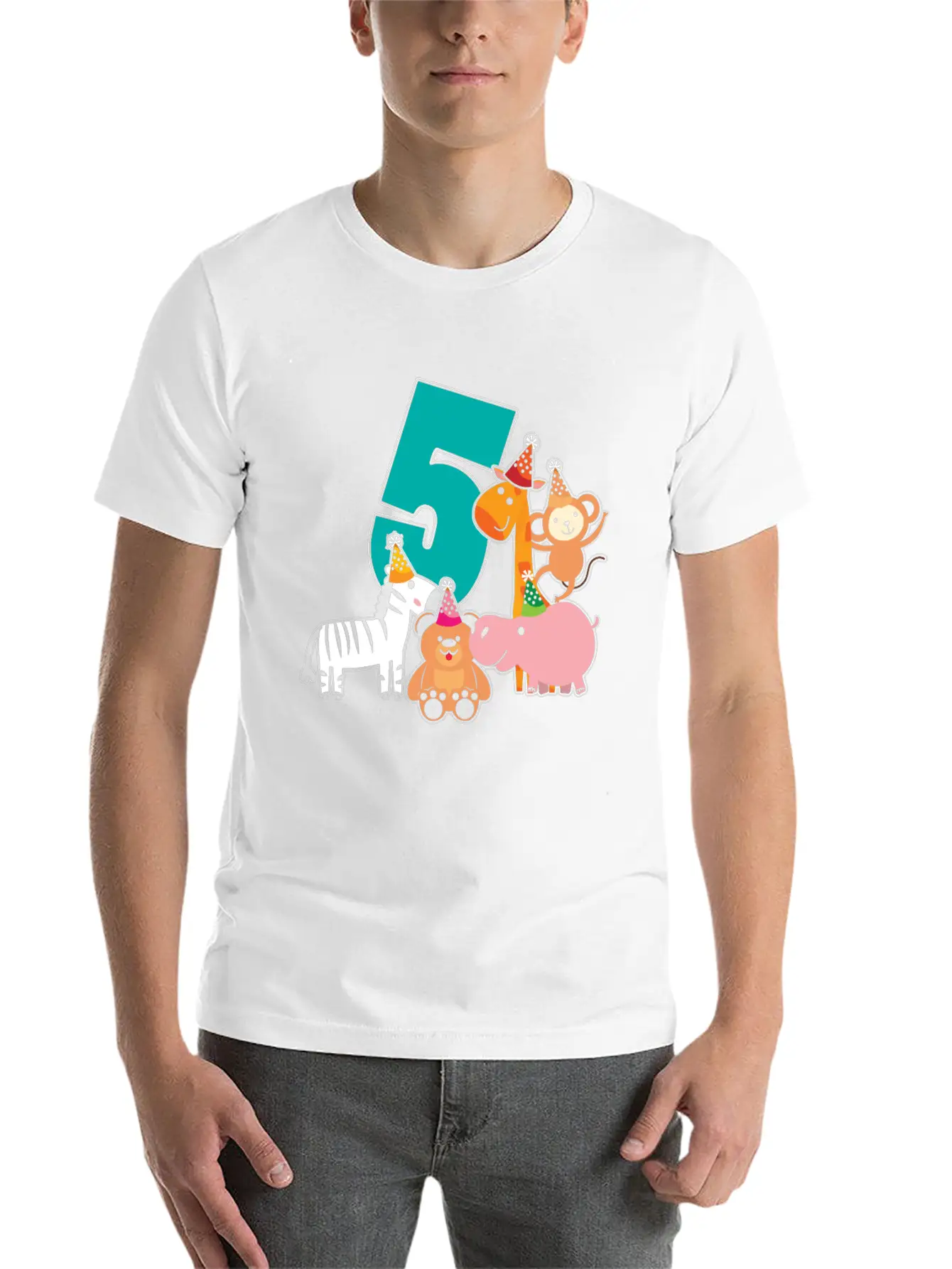 5th Birthday 5 Years Jungle Animals Safari Unisex Short Sleeve Soft Cotton T-Shirt – Casual Everyday Wear