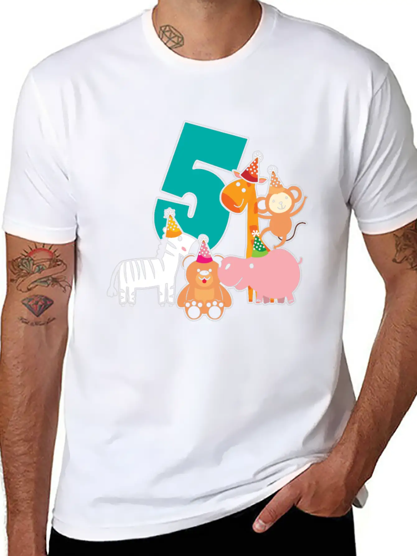 5th Birthday 5 Years Jungle Animals Safari Unisex Short Sleeve Soft Cotton T-Shirt – Casual Everyday Wear