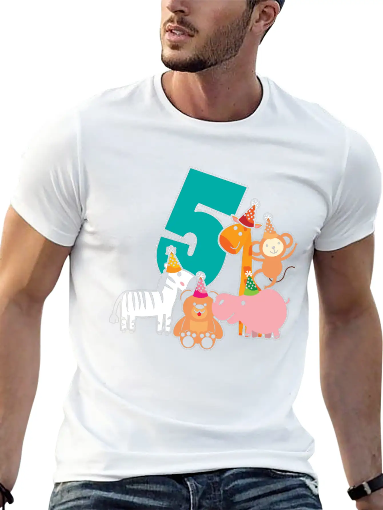 5th Birthday 5 Years Jungle Animals Safari Unisex Short Sleeve Soft Cotton T-Shirt – Casual Everyday Wear