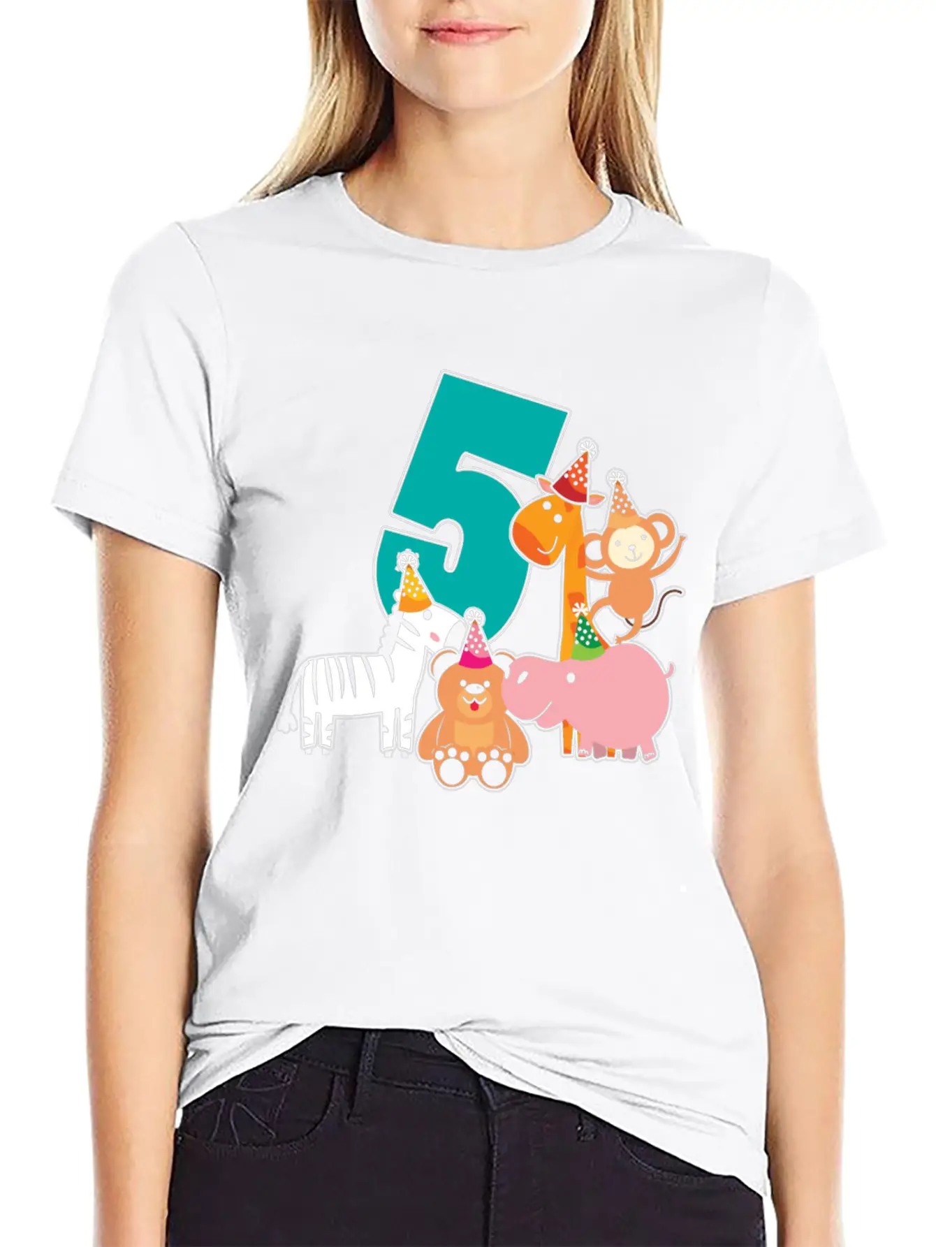 5th Birthday 5 Years Jungle Animals Safari Unisex Short Sleeve Soft Cotton T-Shirt – Casual Everyday Wear