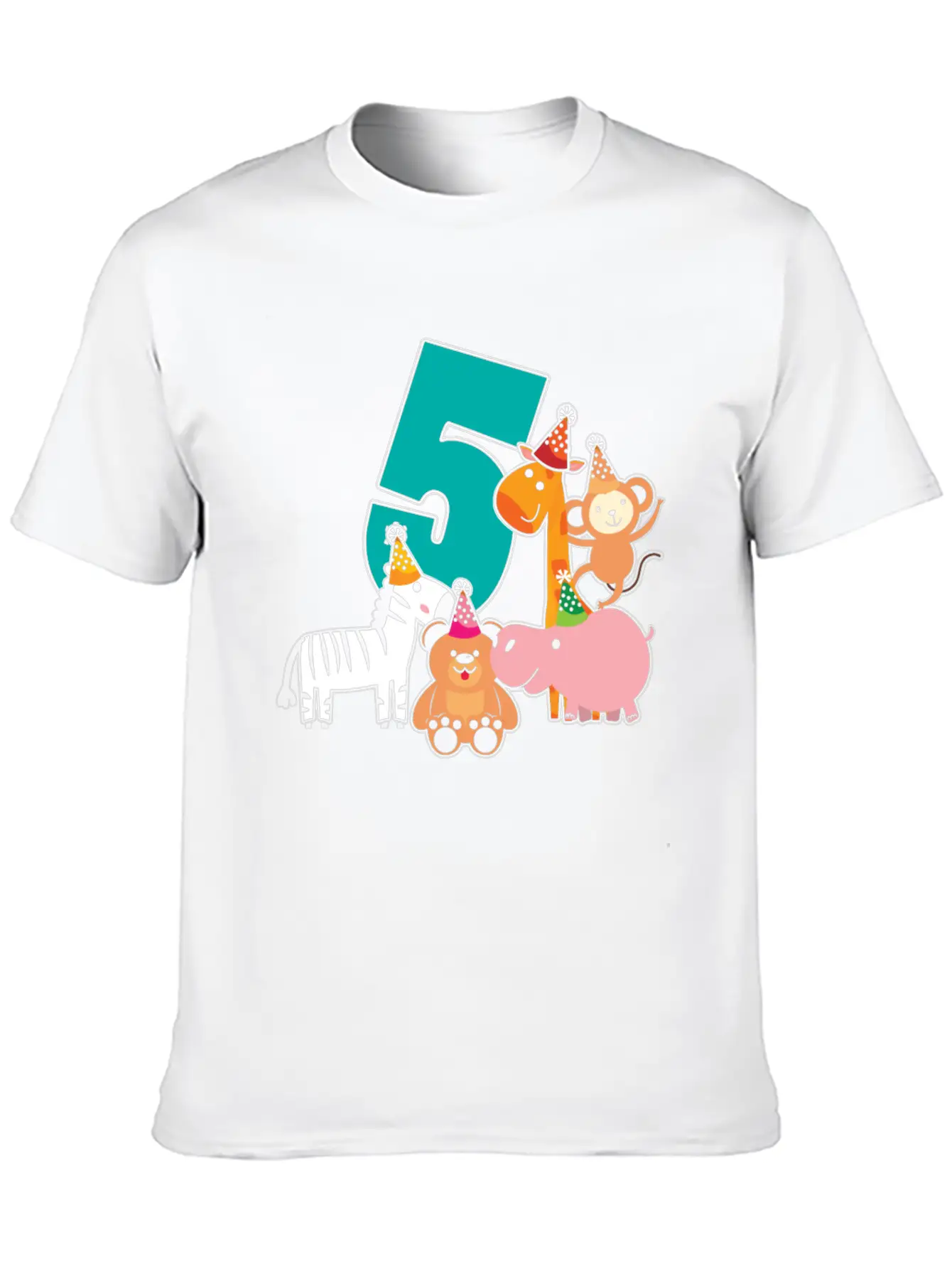 5th Birthday 5 Years Jungle Animals Safari Unisex Short Sleeve Soft Cotton T-Shirt – Casual Everyday Wear