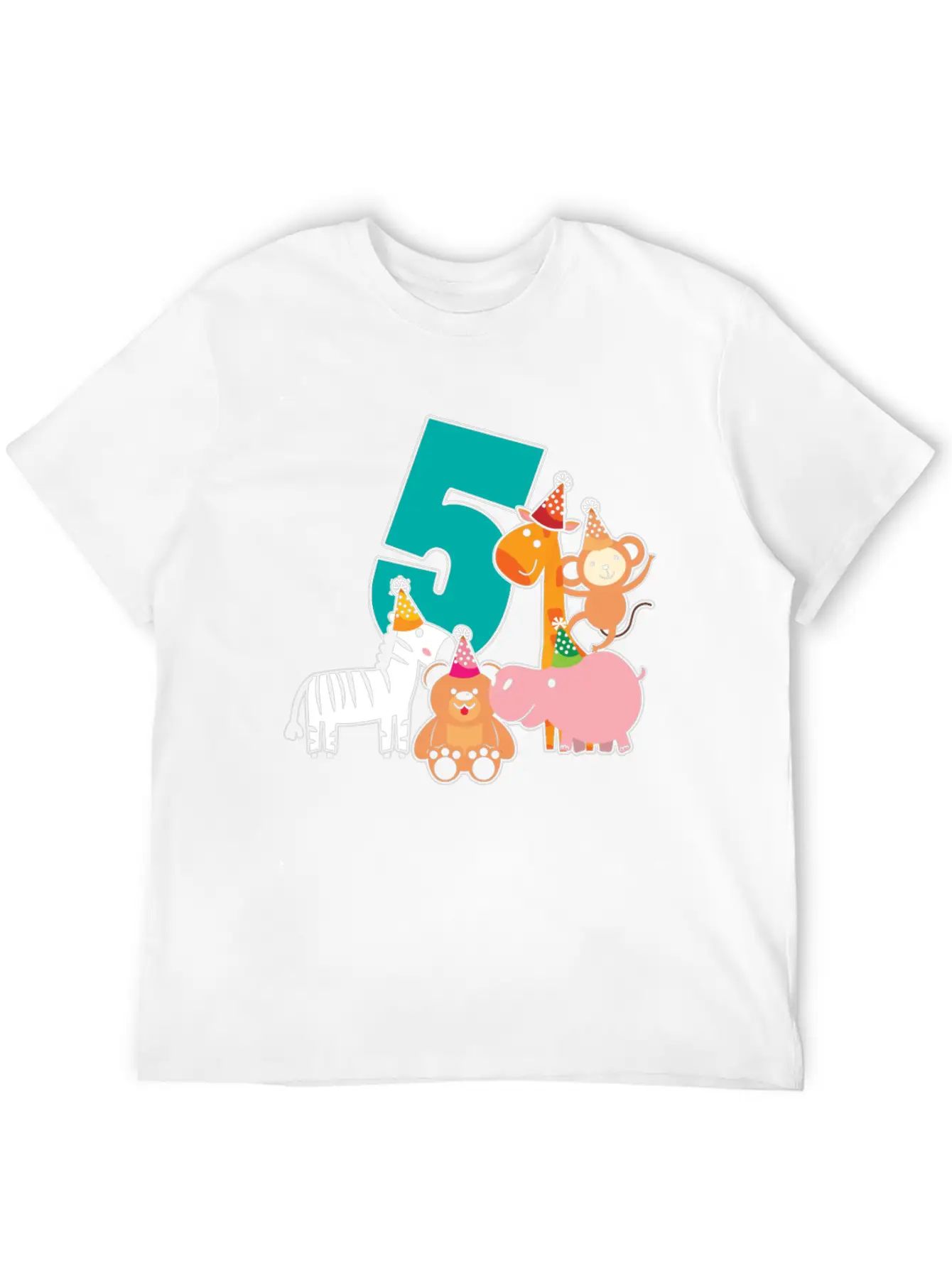 5th Birthday 5 Years Jungle Animals Safari Unisex Short Sleeve Soft Cotton T-Shirt – Casual Everyday Wear