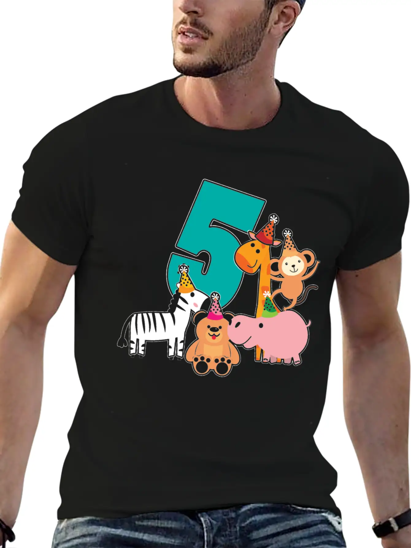 5th Birthday 5 Years Jungle Animals Safari Unisex Short Sleeve Soft Cotton T-Shirt – Casual Everyday Wear