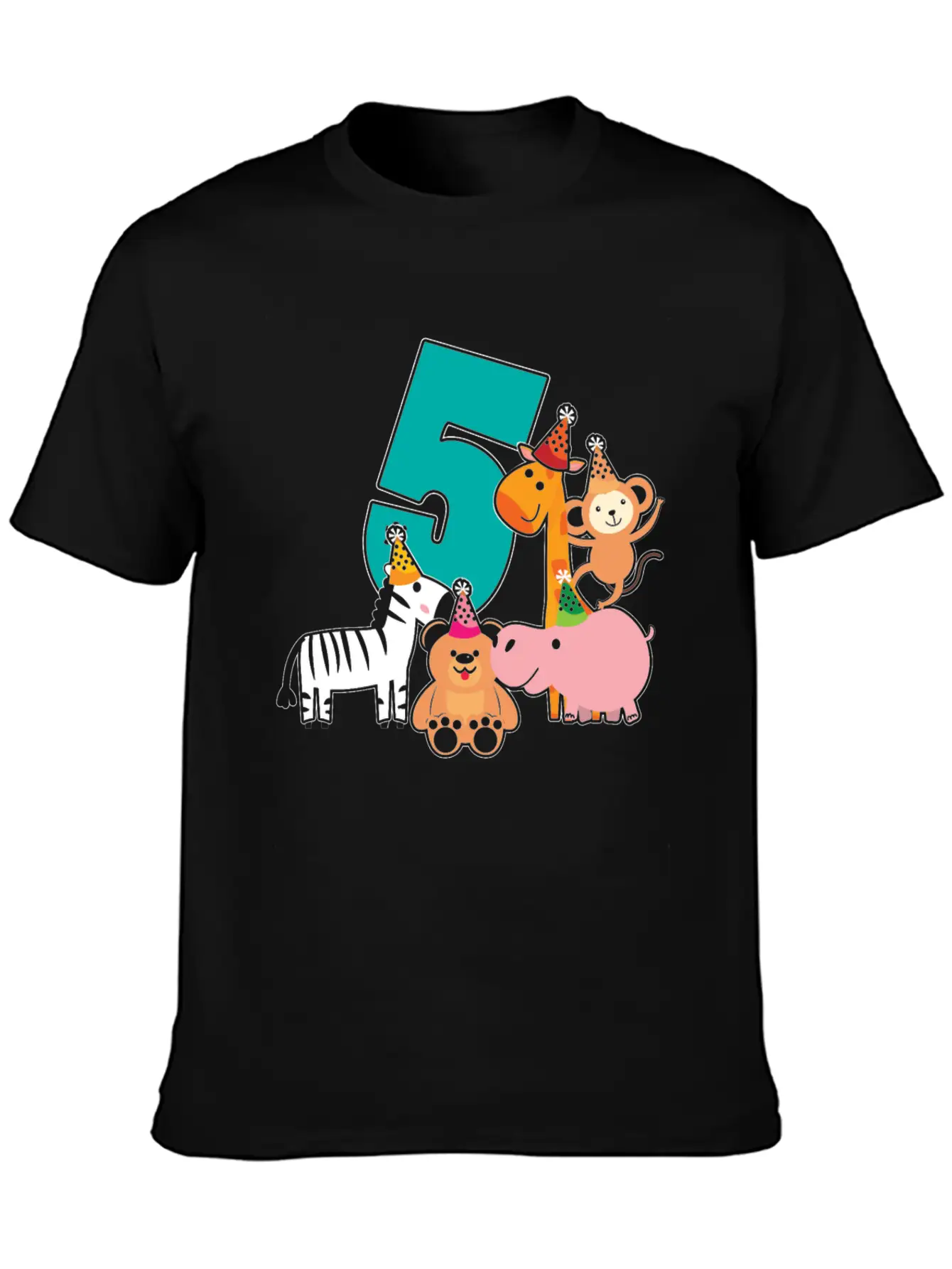 5th Birthday 5 Years Jungle Animals Safari Unisex Short Sleeve Soft Cotton T-Shirt – Casual Everyday Wear