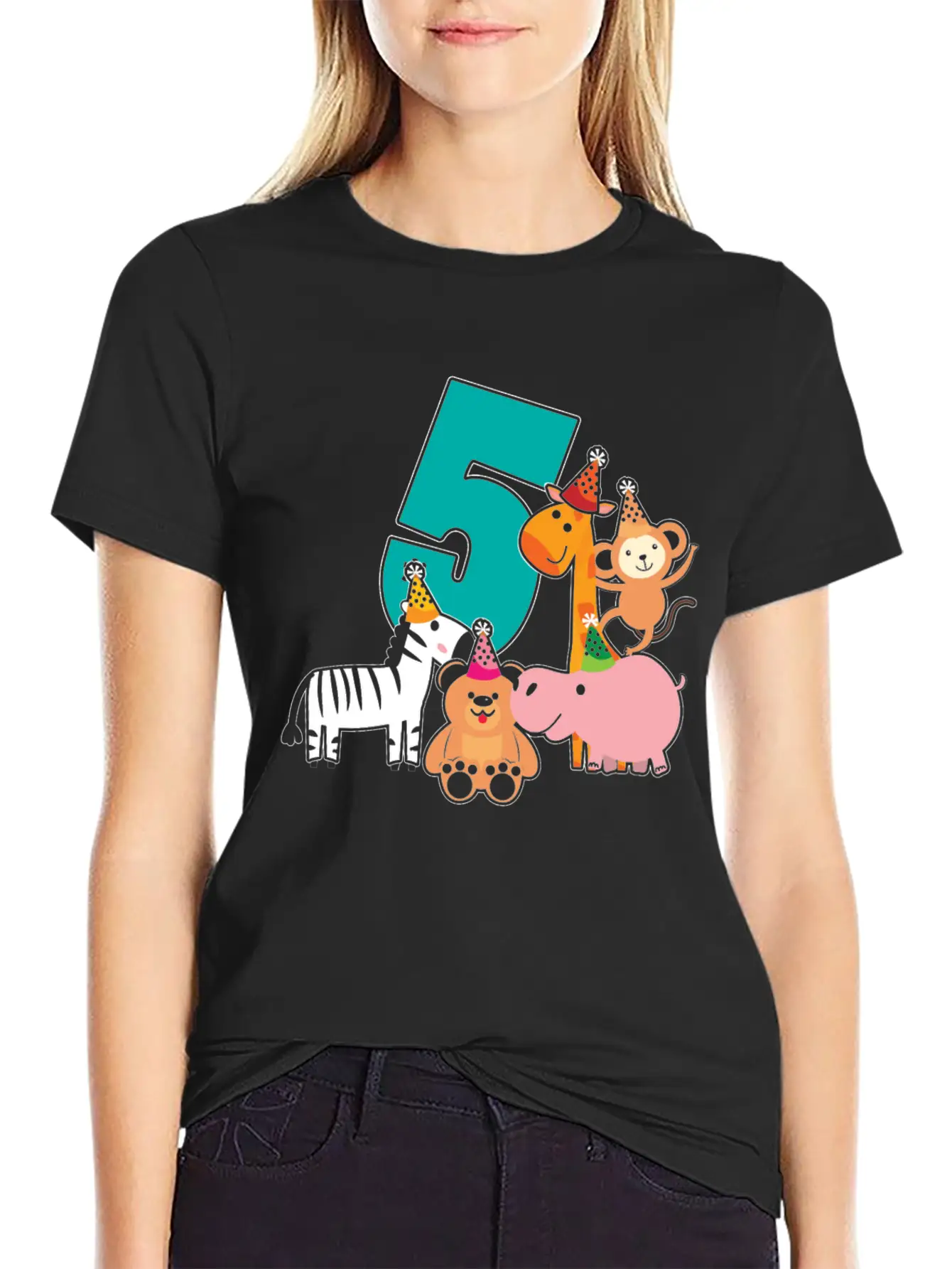 5th Birthday 5 Years Jungle Animals Safari Unisex Short Sleeve Soft Cotton T-Shirt – Casual Everyday Wear