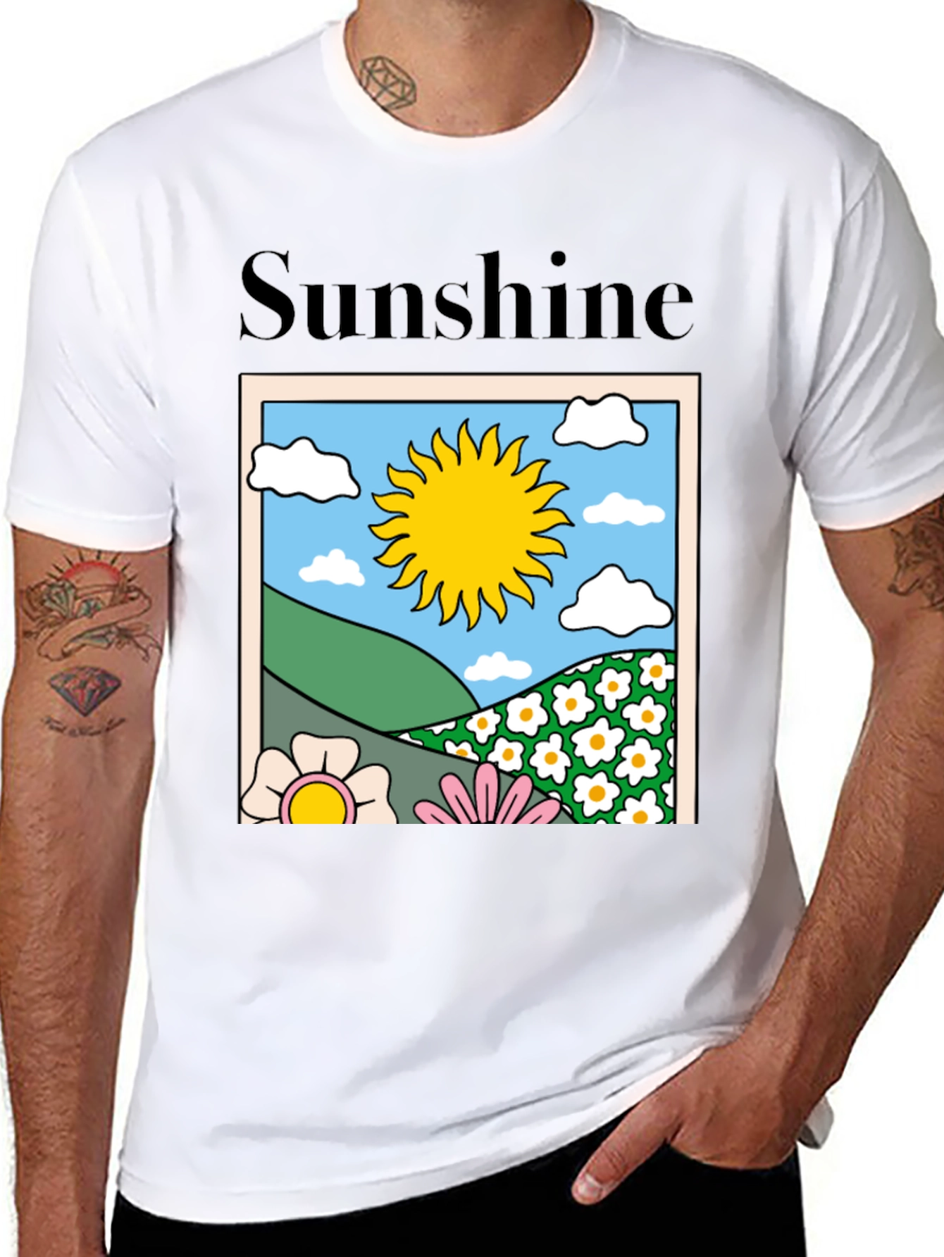 Sunshine Graphic Tee - Retro Flower Power Black T-Shirt