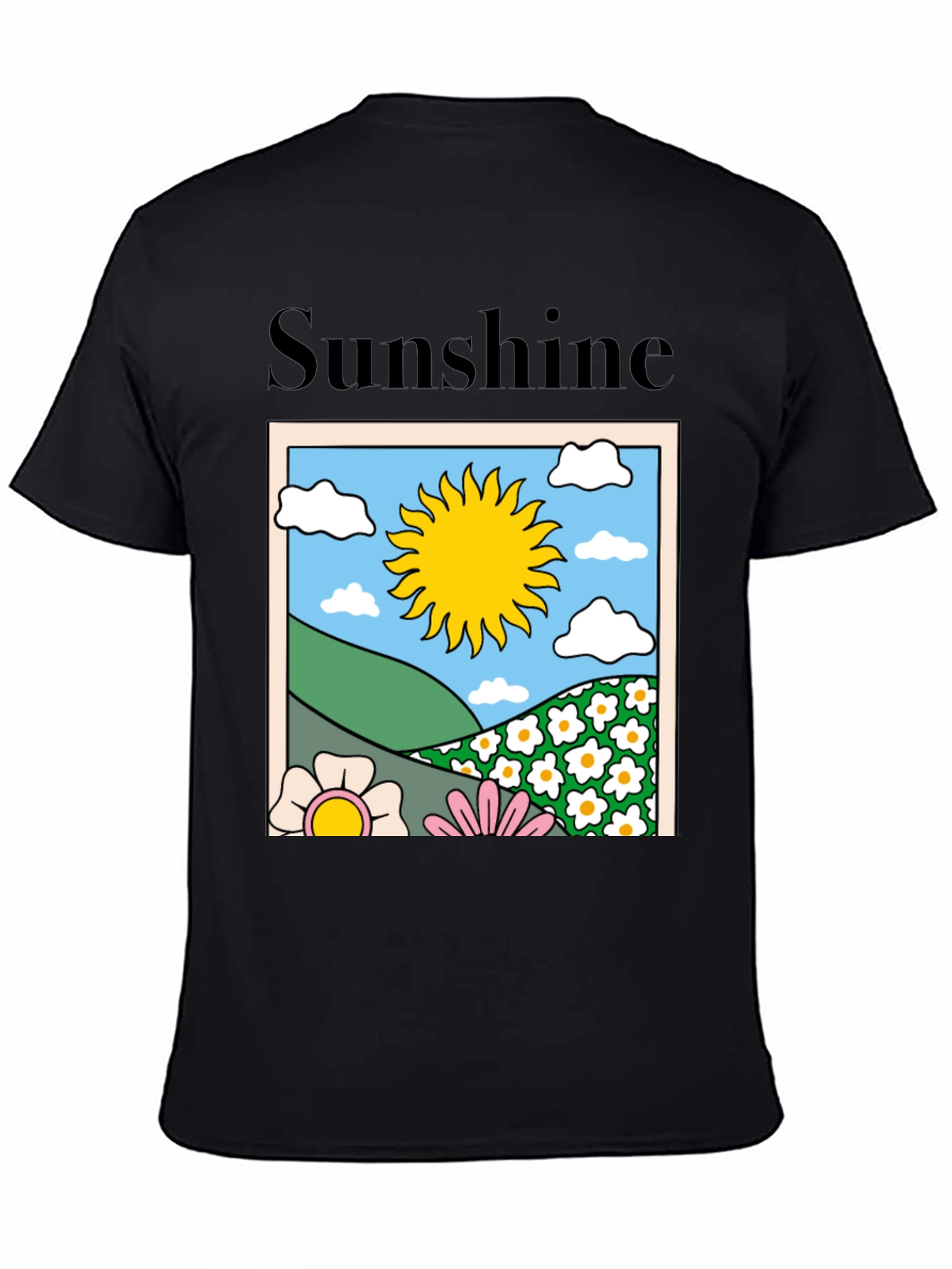 Sunshine Graphic Tee - Retro Flower Power Black T-Shirt