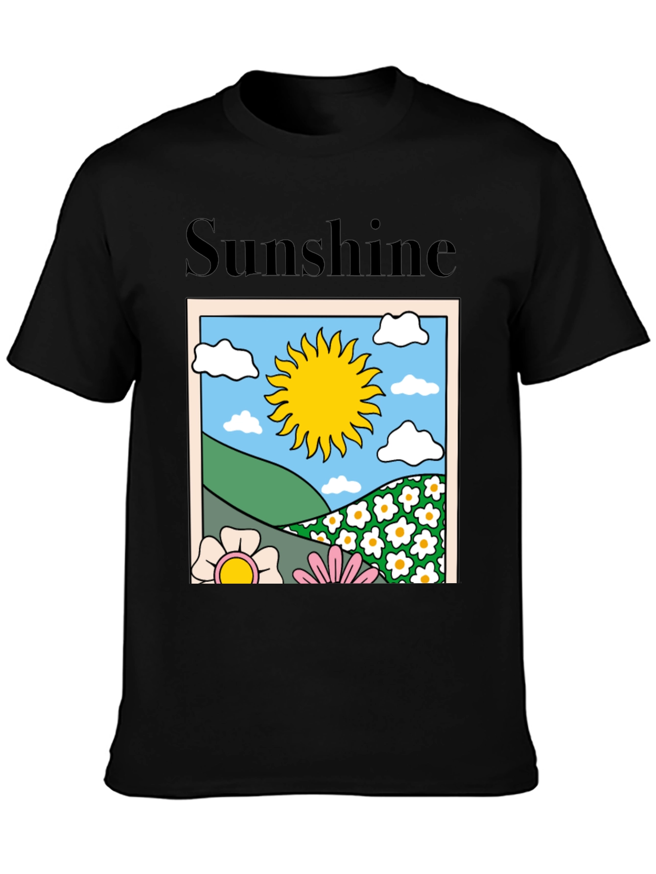 Sunshine Graphic Tee - Retro Flower Power Black T-Shirt