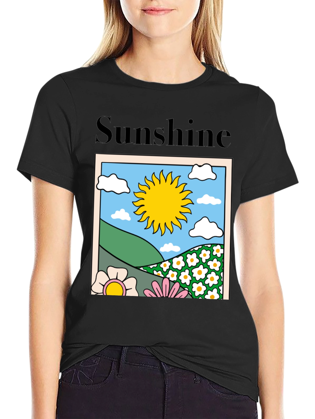 Sunshine Graphic Tee - Retro Flower Power Black T-Shirt
